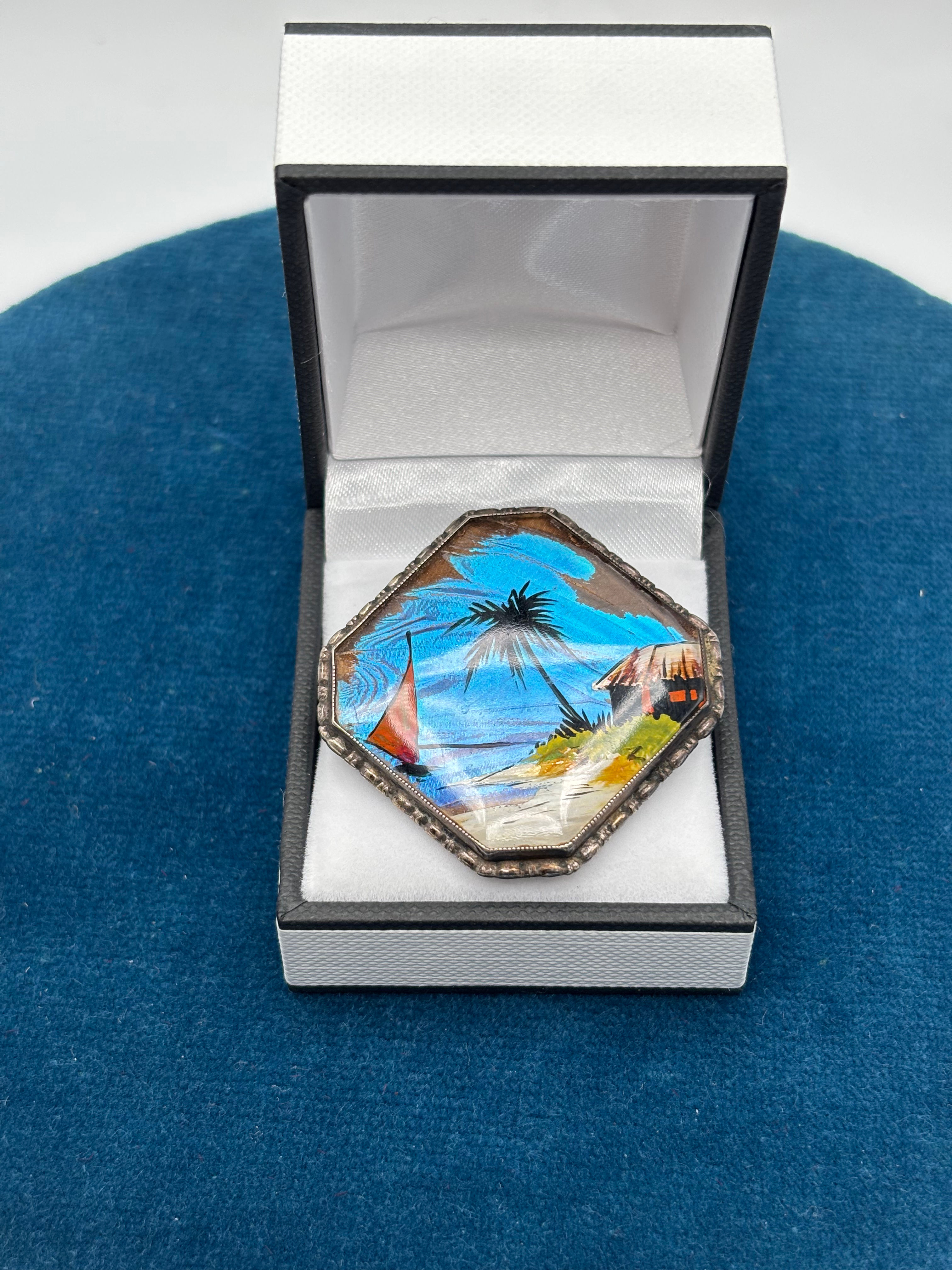 Thomas L Mott Art Deco Sterling Silver Hand Painted Blue Morpho Butterfly Wing B