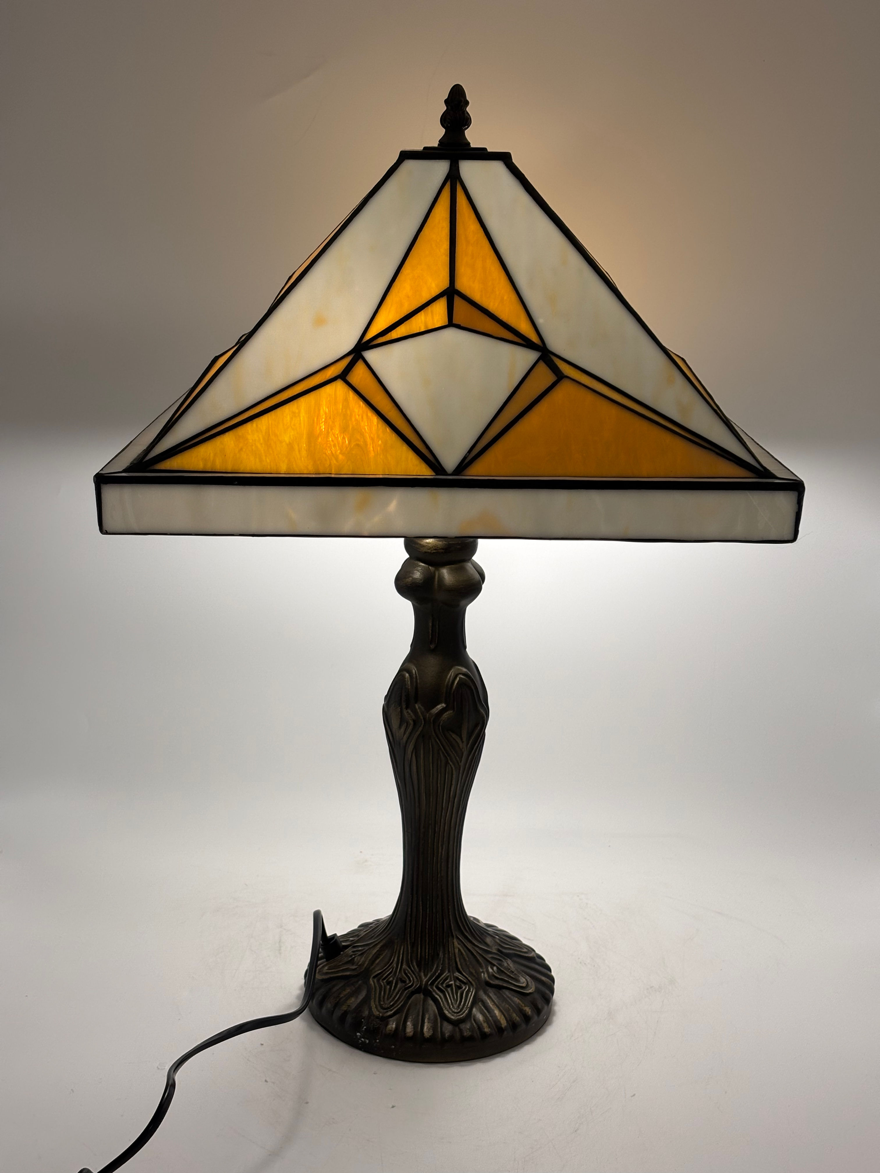 Large Tiffany Style Geometric Design Table Lamp on Tall Base With Twin Bulbs