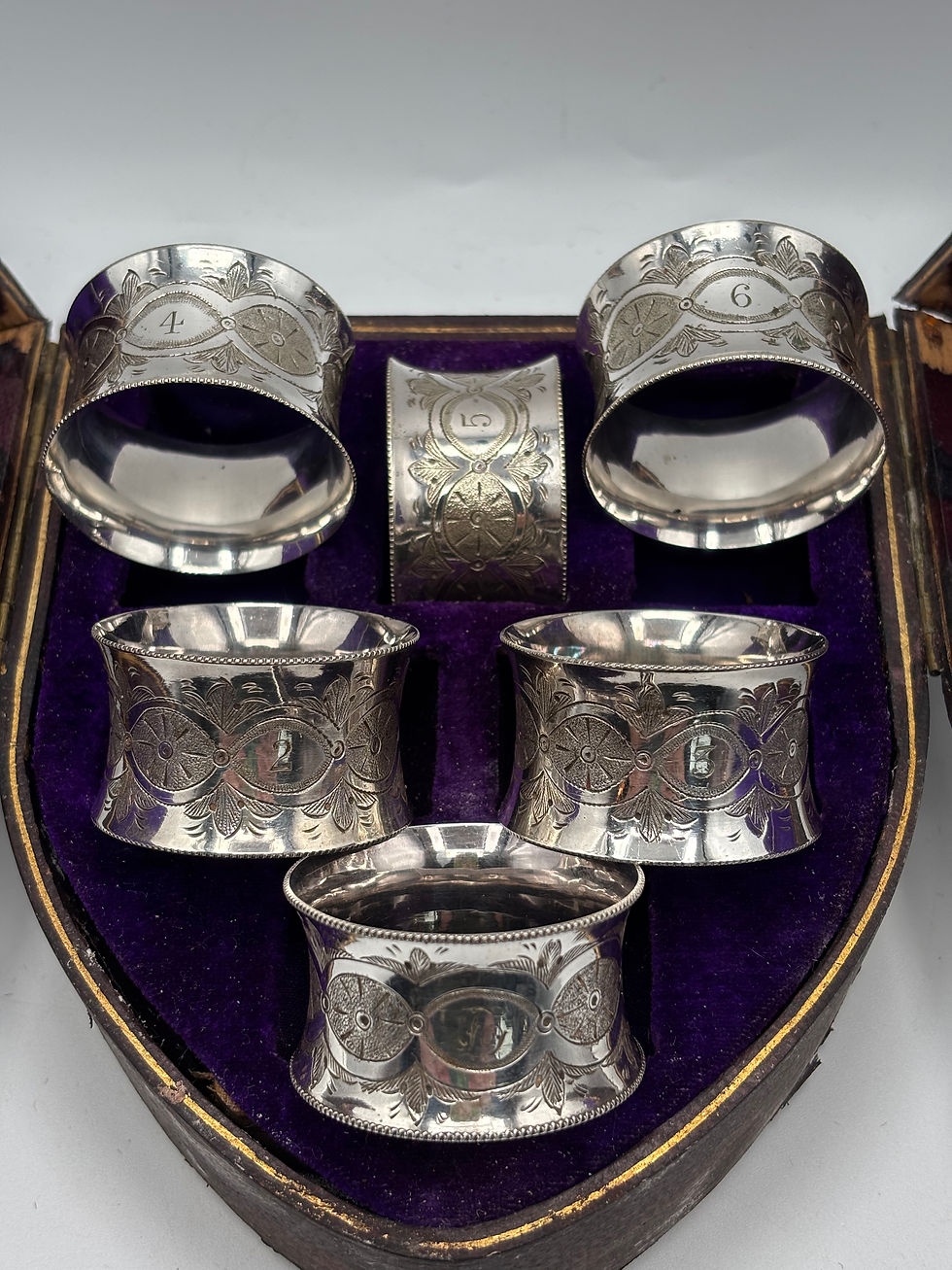 Thumbnail: Set of Six Victorian Solid Silver Napkin Rings in a shield design Box  Napkins a