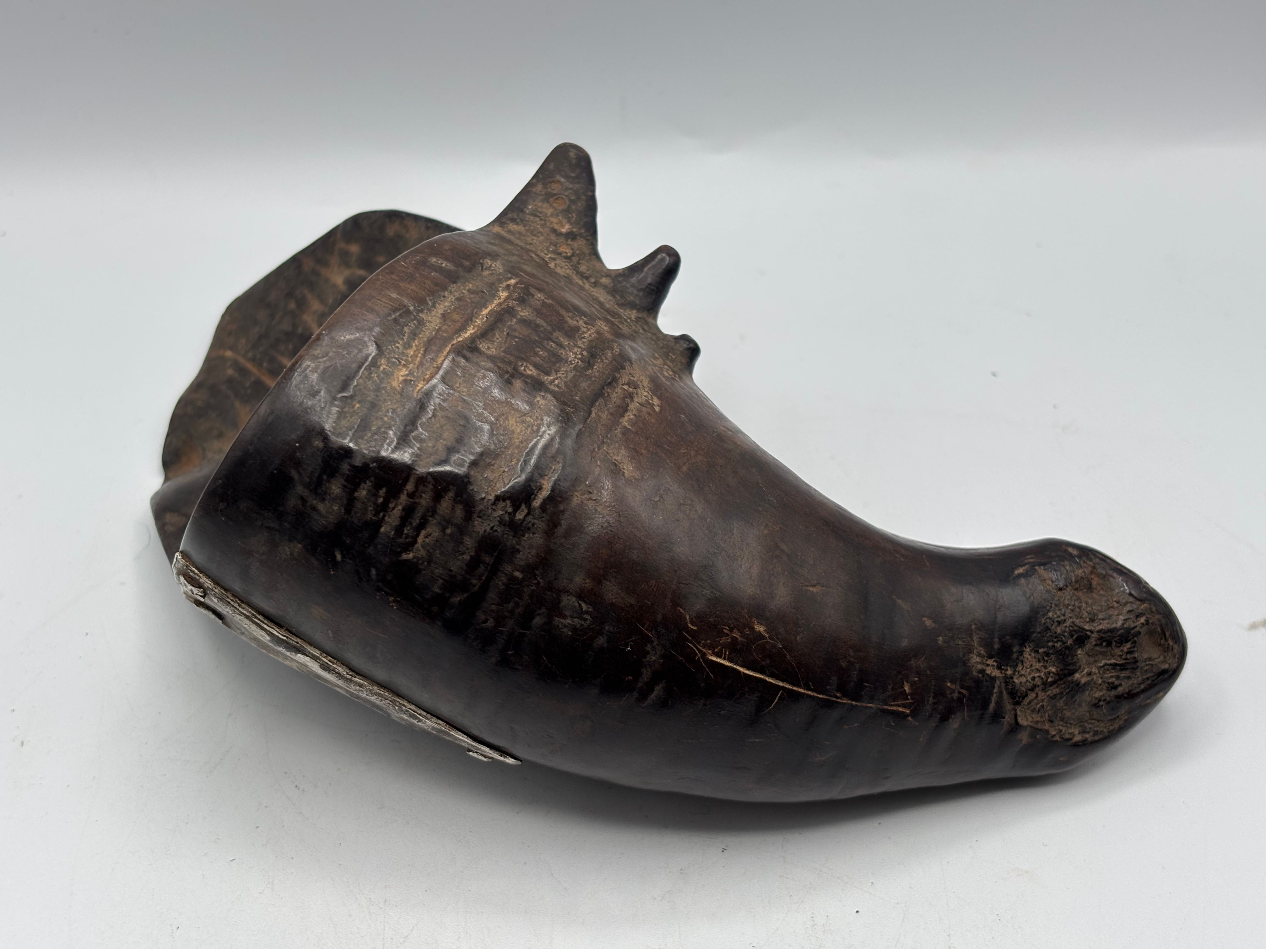 Antique traditional Central African carved buffalo horn drinking vessel or libat