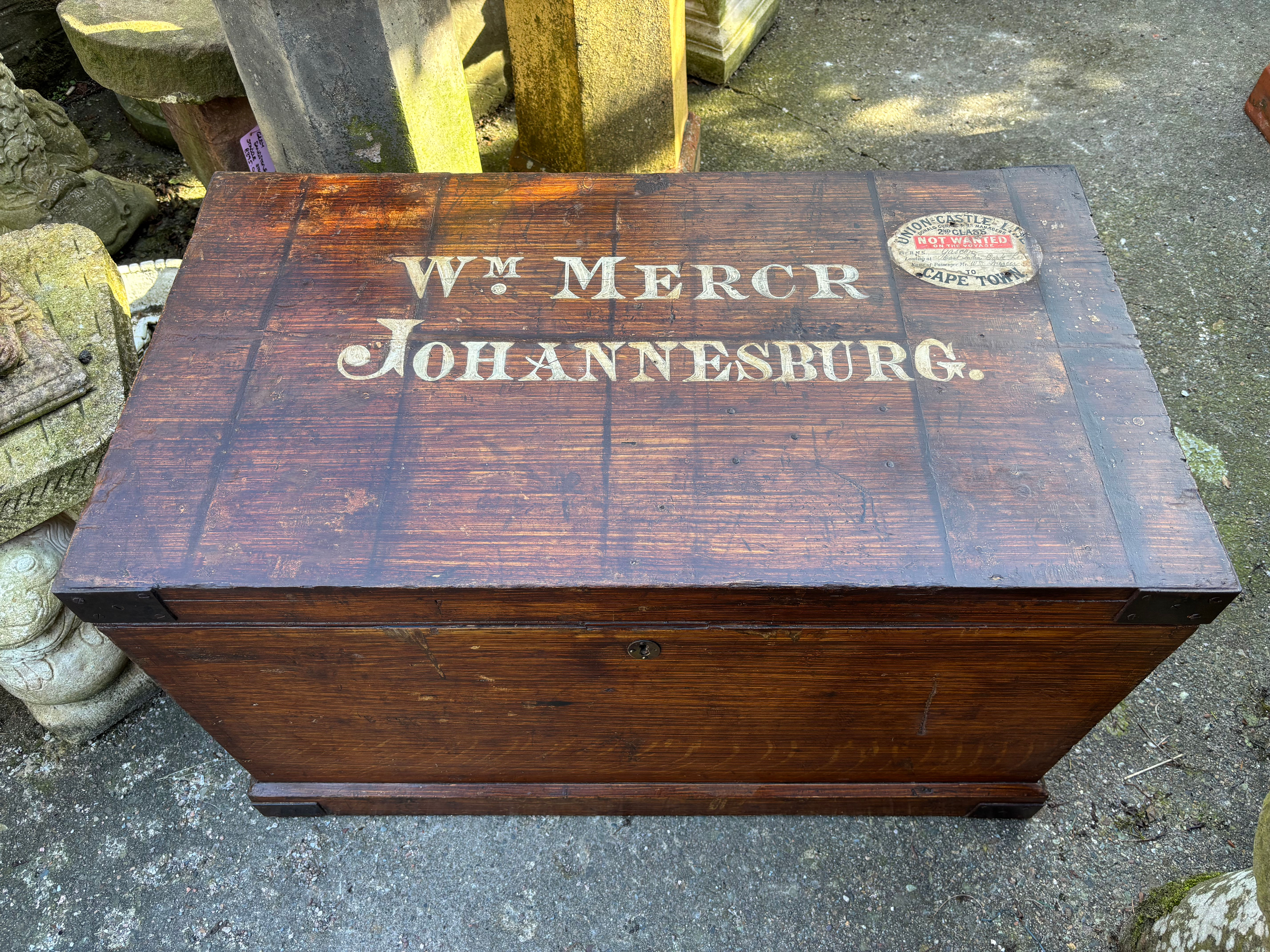 Antique wooden shipping trunk, likely dating from the late 19th or early 20th ce