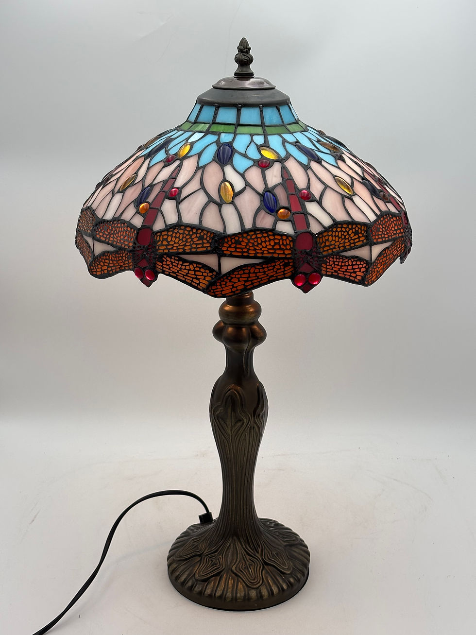 Thumbnail: Tiffany Style Dragonfly Design Table Lamp on Tall Base With Twin Bulbs Presented