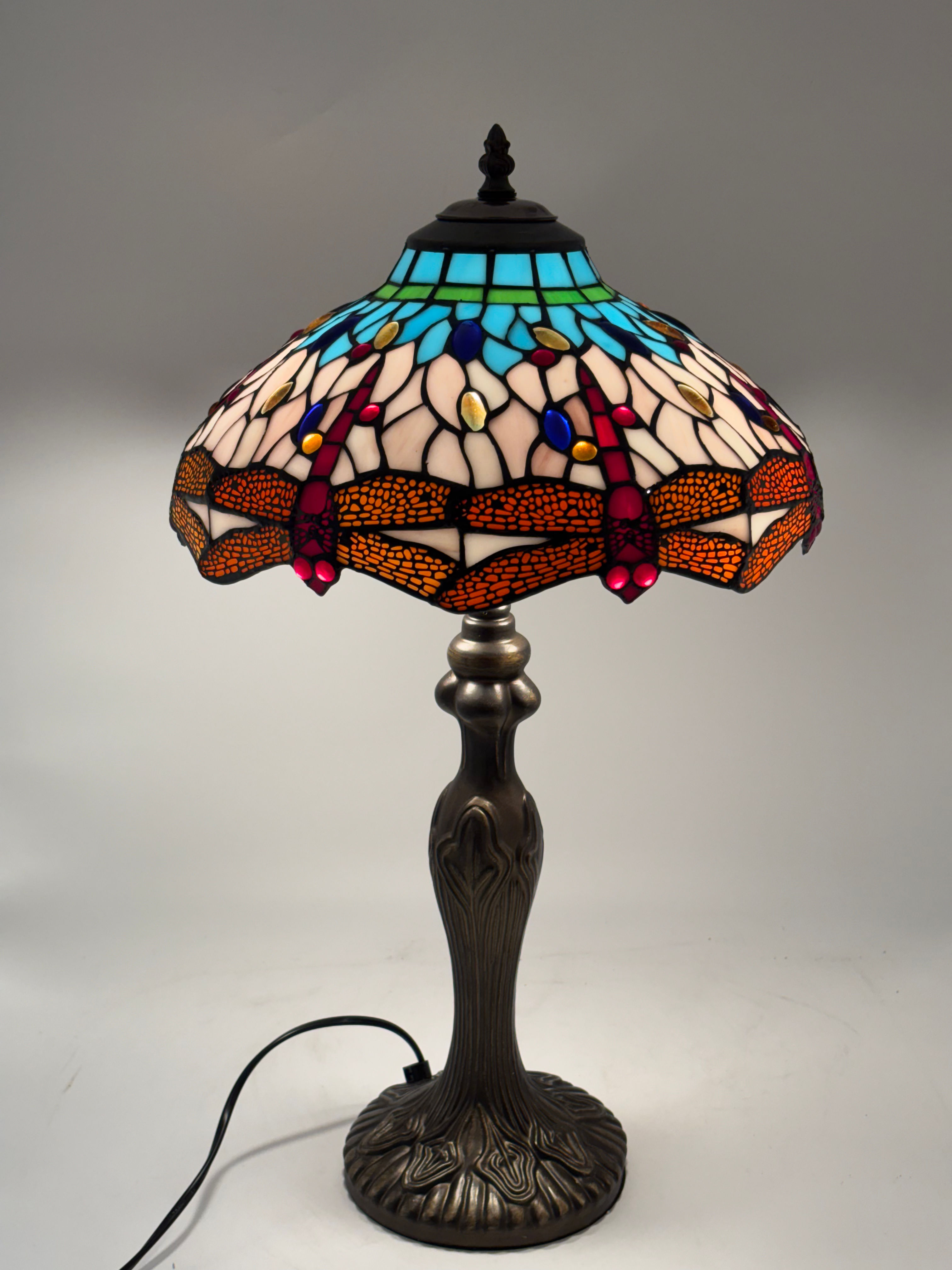 Tiffany Style Dragonfly Design Table Lamp on Tall Base With Twin Bulbs Presented