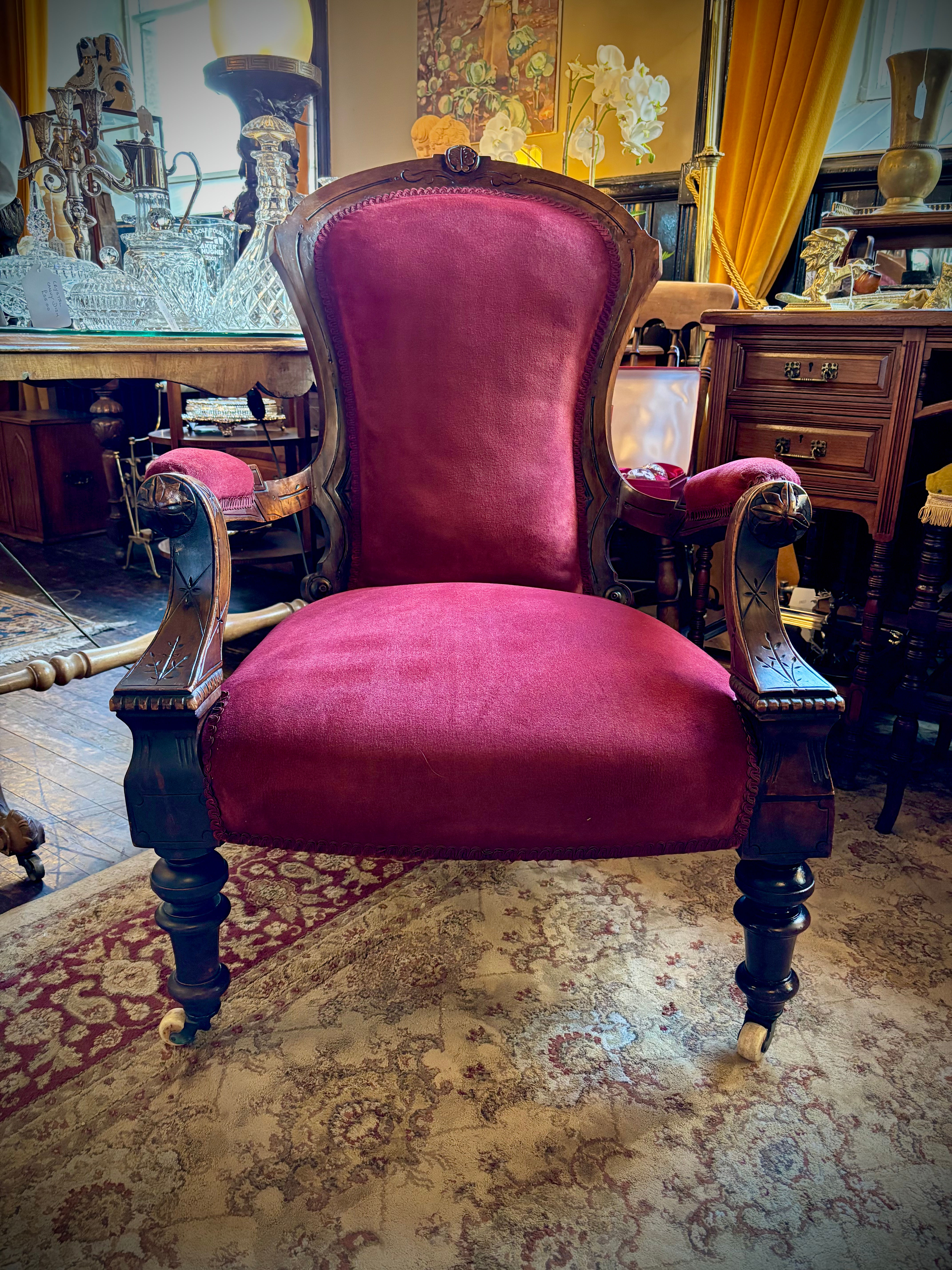 Victorian Mahogany Framed Maroon Velour Armchair. Turned Legs to the Front with 