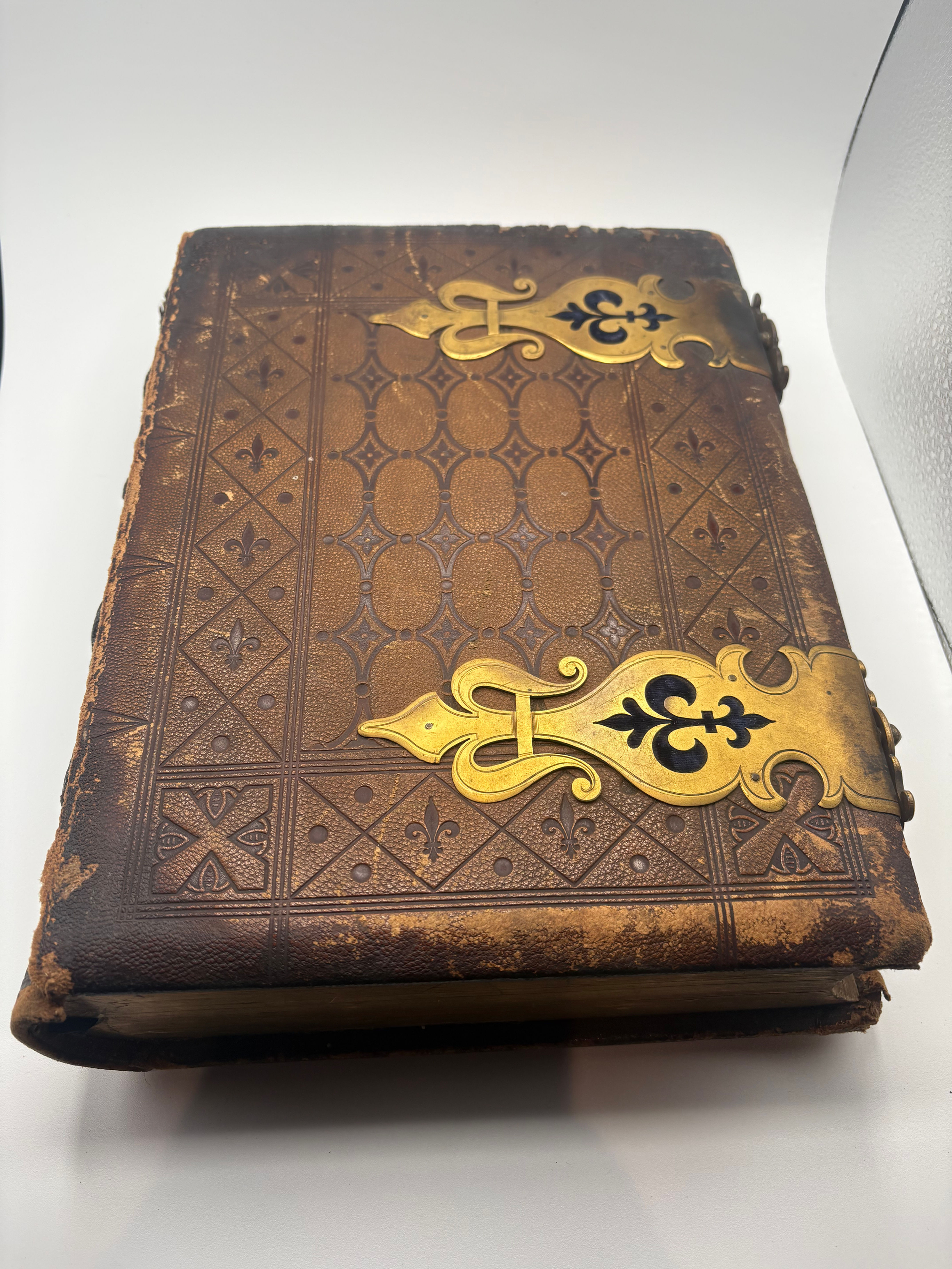 Antique King James 1866 Bible with Leather Bound Leafs and Brass Details