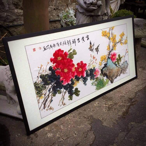 Large Chinese painting on silk mount behind Perspex with black wooden