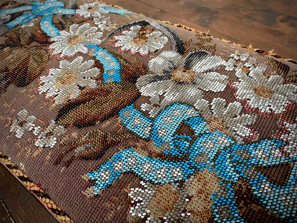 Thumbnail: Victorian Mahogany Carved Beadwork Long Footstool/Carriage Footrest Circa 1880