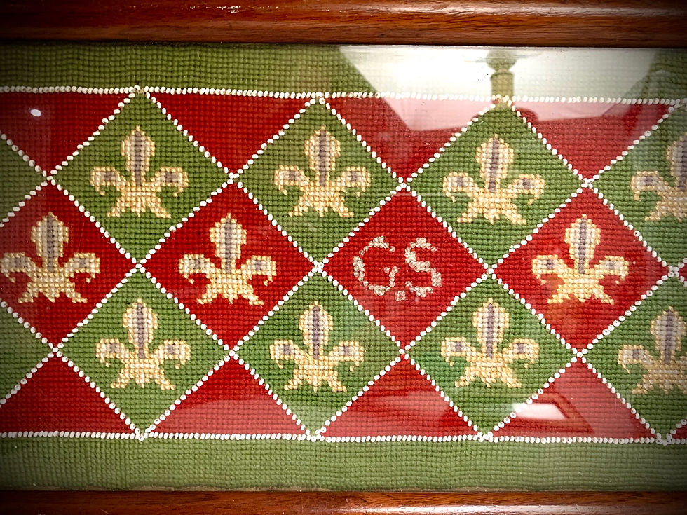 Thumbnail: Vintage Needlepoint Fleur de ley Pattern with Enitials G.S Glass Topped Tray