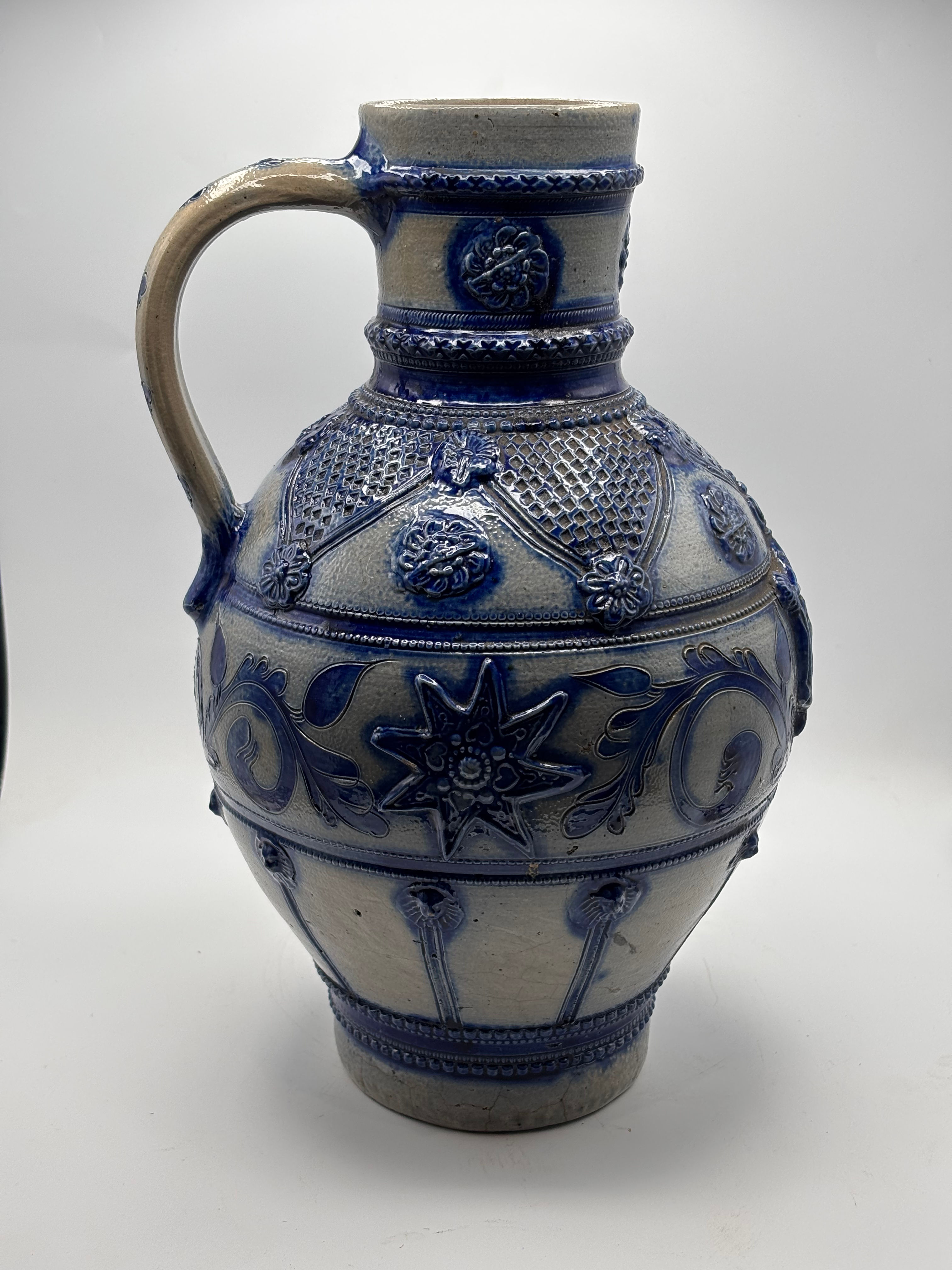 Antique German Westerwald salt-glazed stoneware pitcher