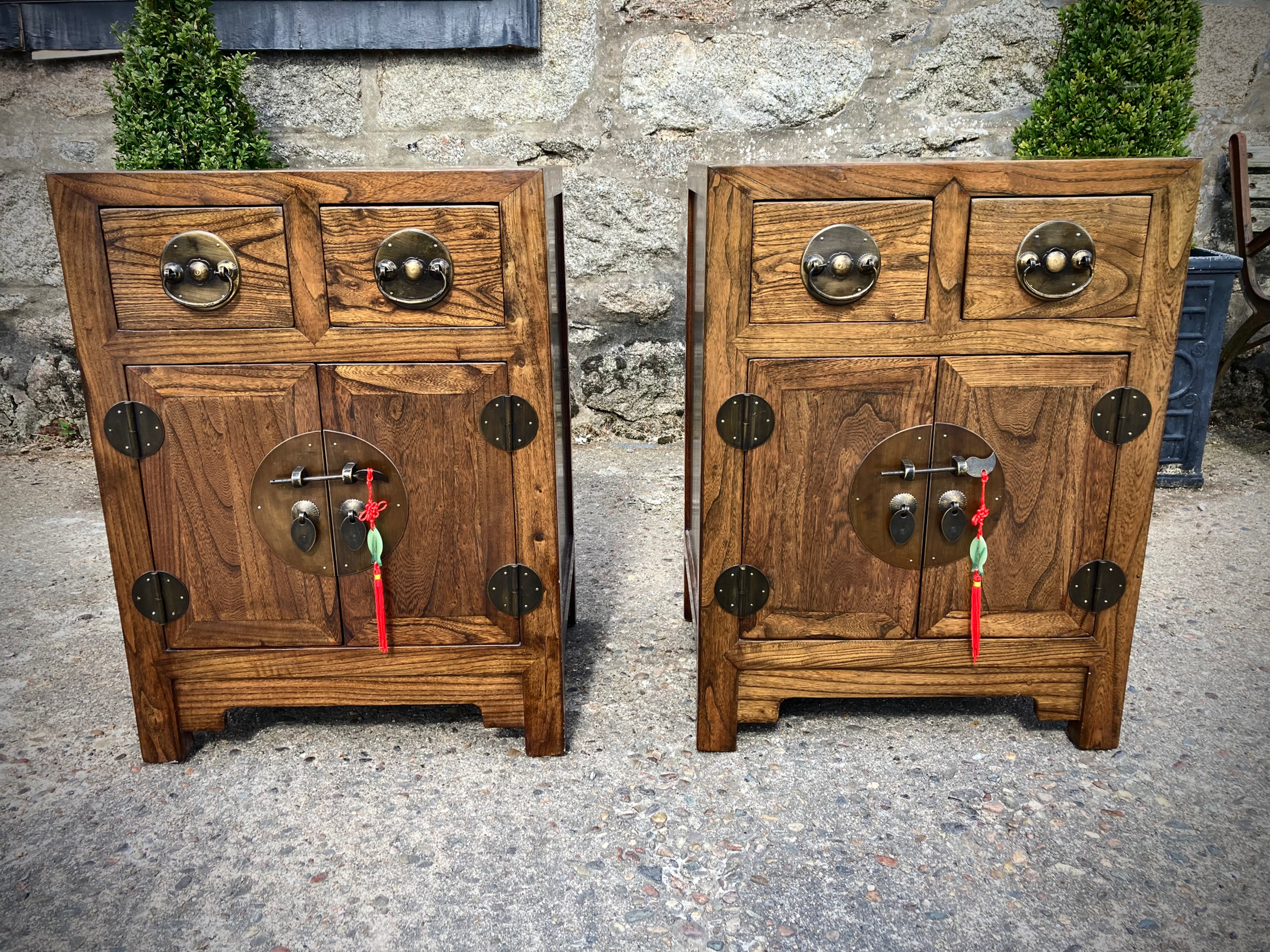 Pair Of Solid Elm Chinese Side Tables Bedside Cabinets 