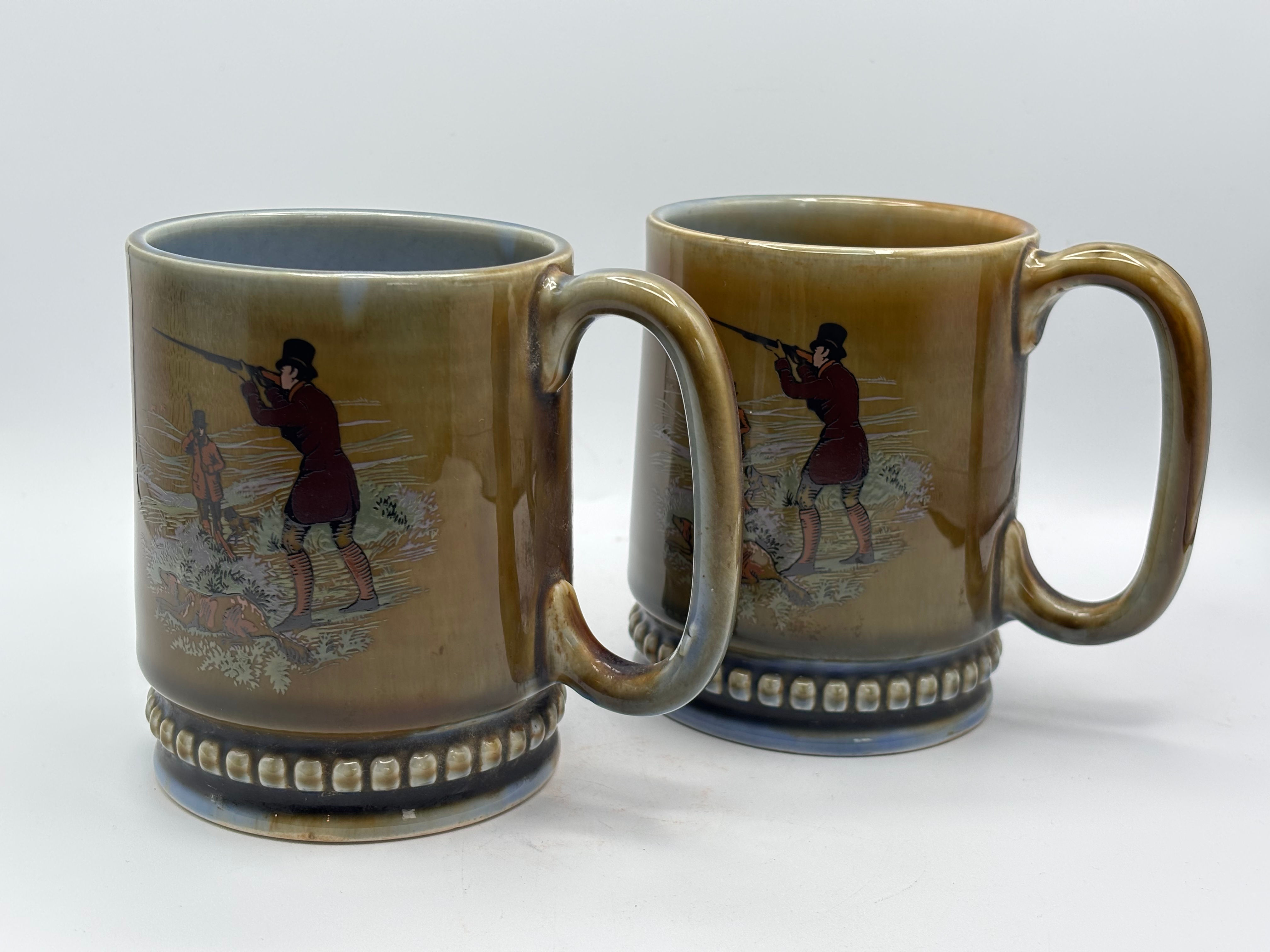 Pair of large vintage Wade Ceramics hunting scene coffee mugs made in Ireland