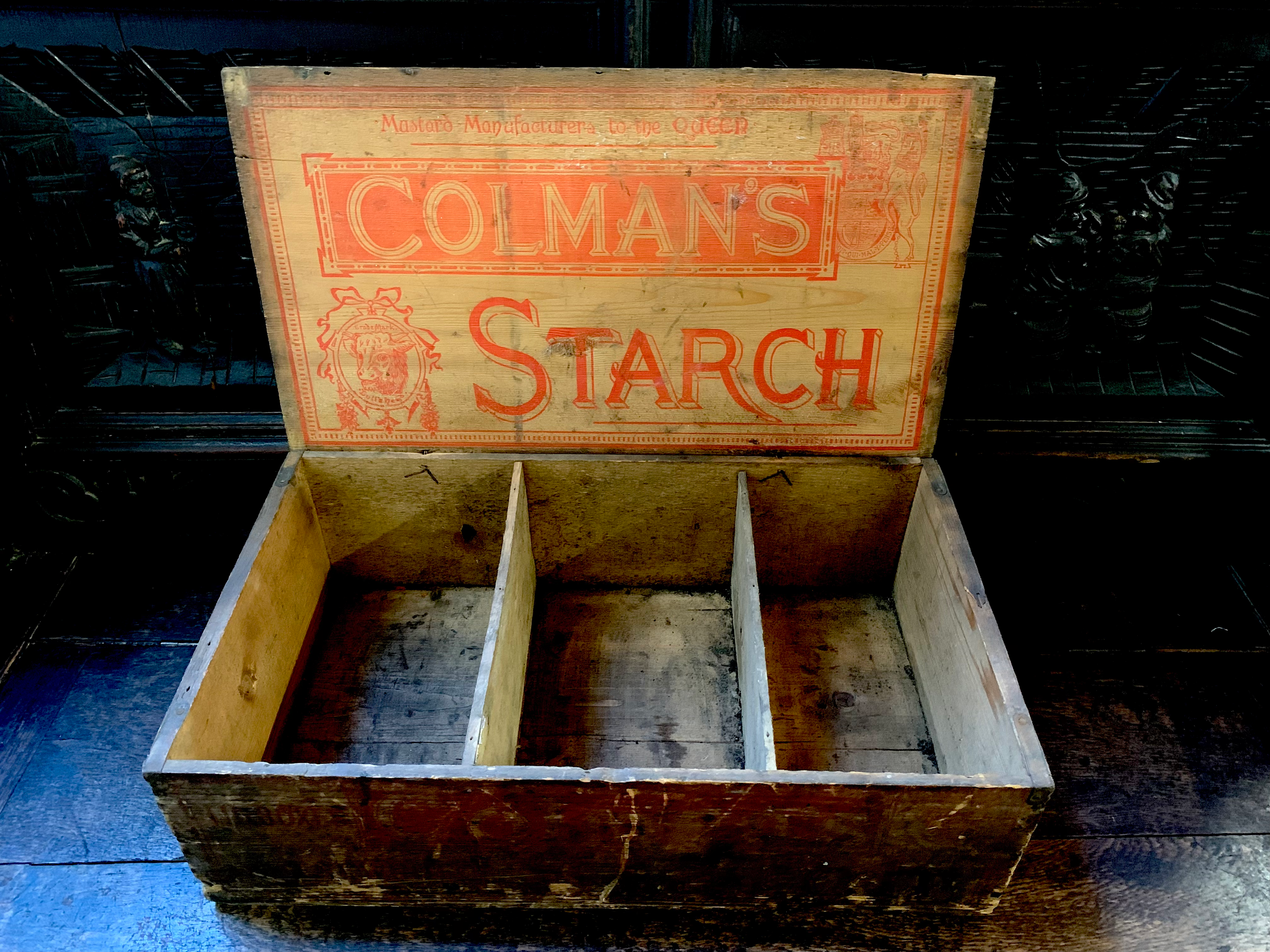 Antique Victorian wooden retail box used for storing and distributing Colman's S