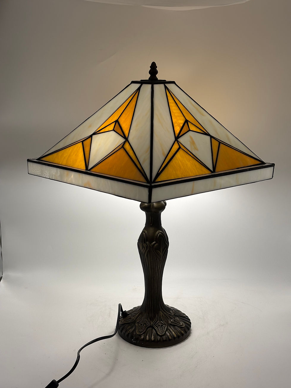 Thumbnail: Large Tiffany Style Geometric Design Table Lamp on Tall Base With Twin Bulbs
