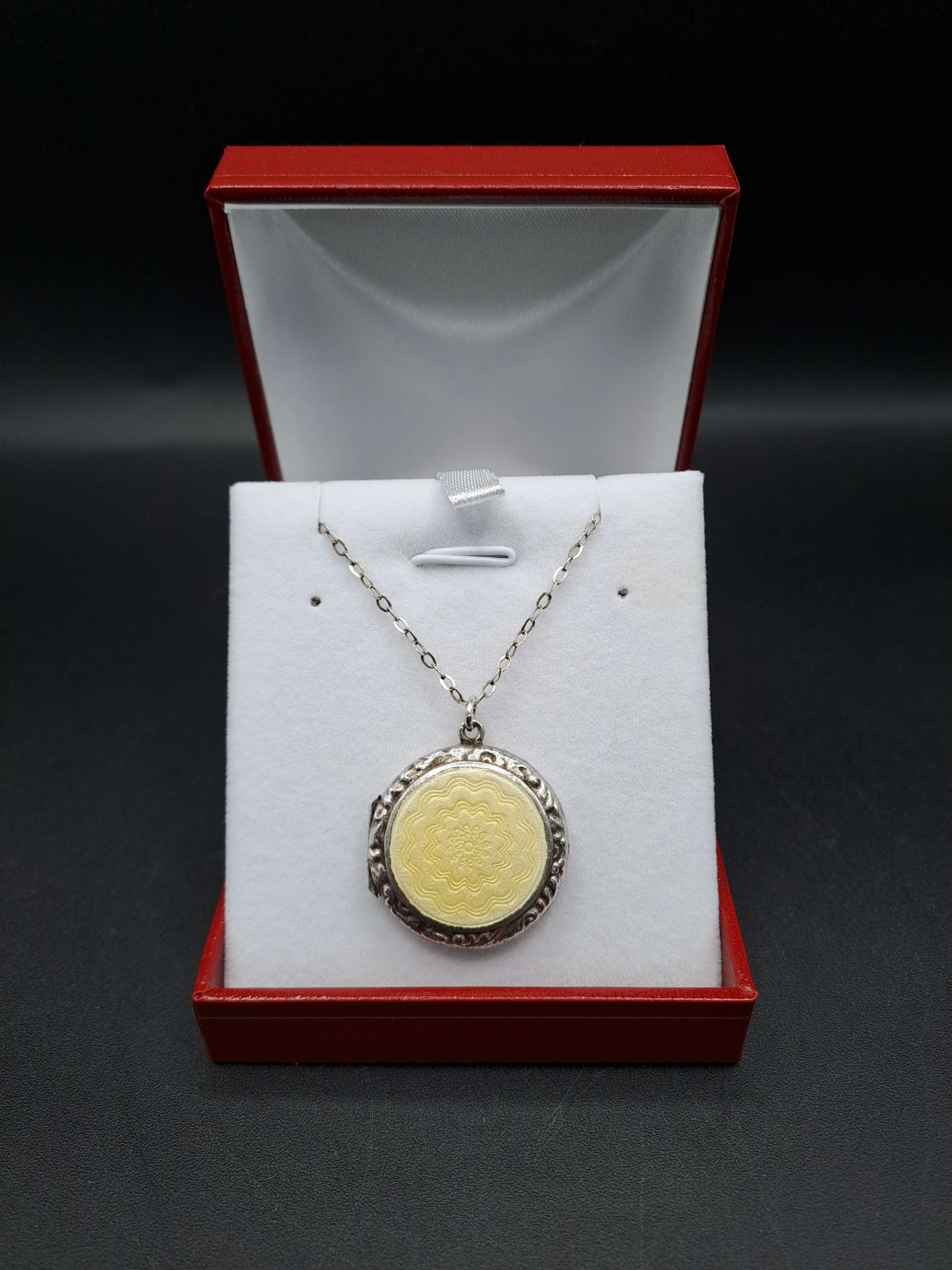 Art Deco Sterling Silver Yellow Guilloche Enamel Locket on 925 Silver Chain