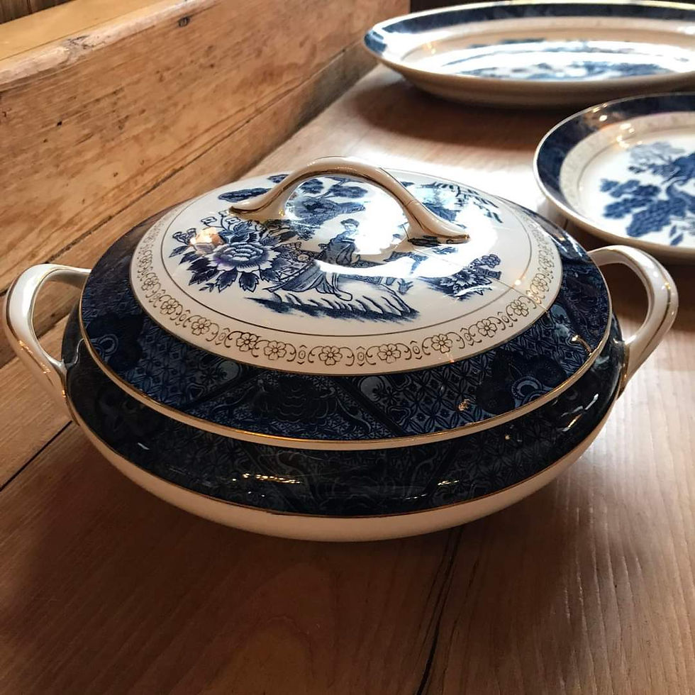 Thumbnail: Double Phoenix blue willow by Nikko 12 piece dinner set.