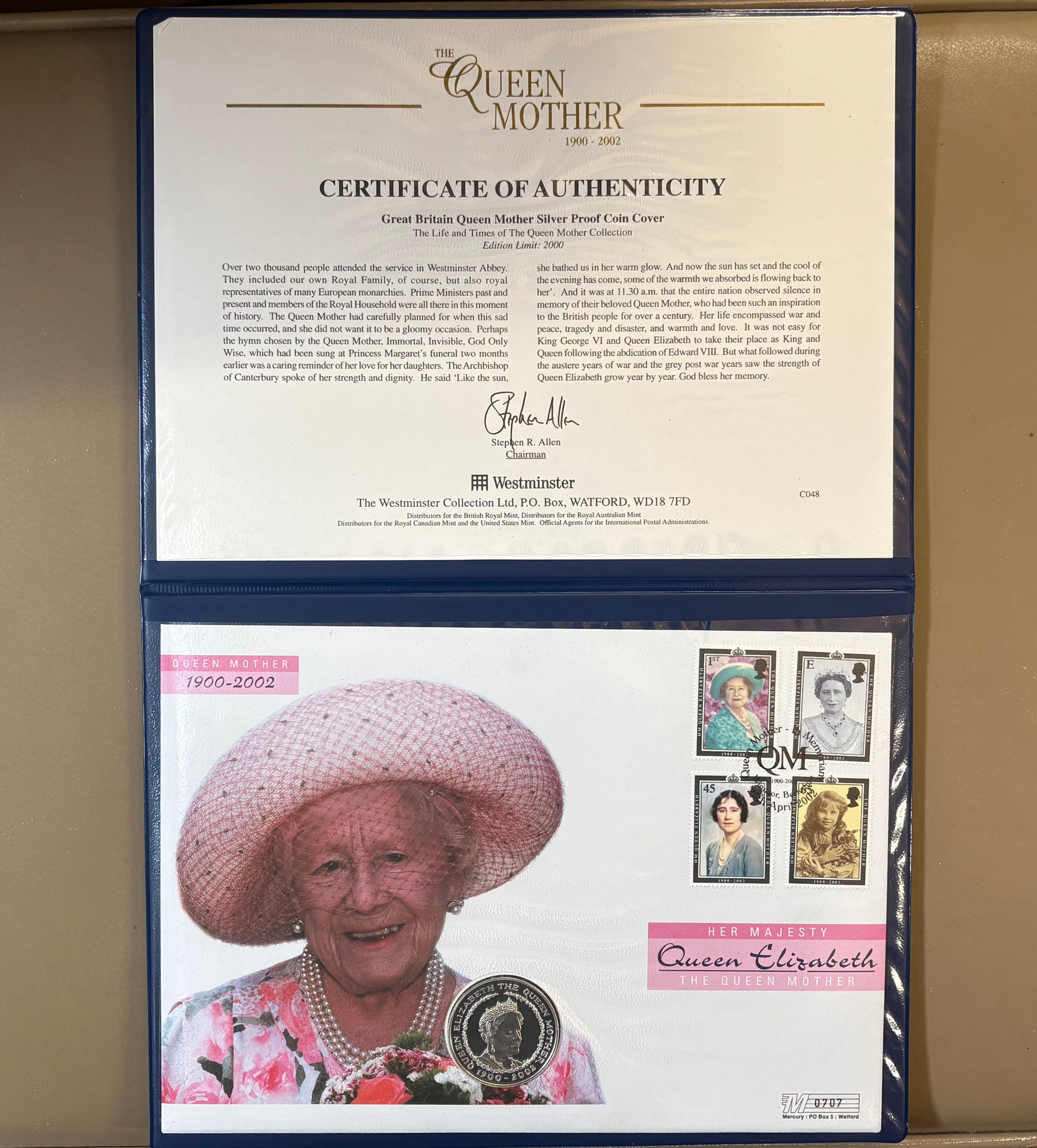 Coin and Stamp Set Commemorating the Death of The Queen Mother in 2002