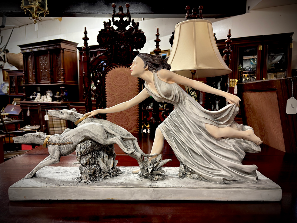 Thumbnail: Large Art Deco Style Resin Sculpture Depicting a young Lady with Bozori Hounds 