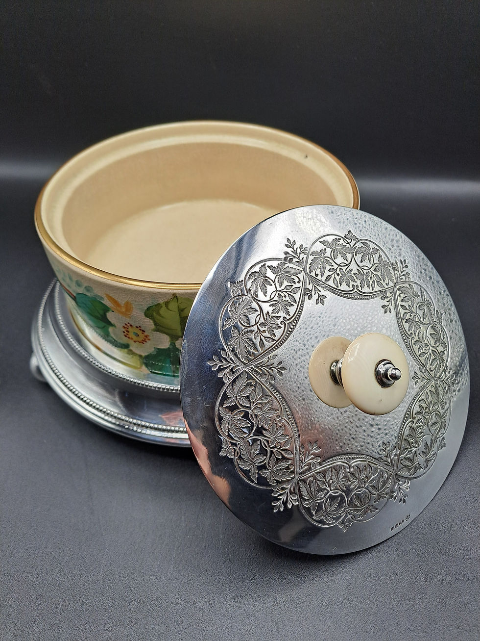 Thumbnail: Antique Victorian Silver plate and Pottery lidded buscuit or butter dish.