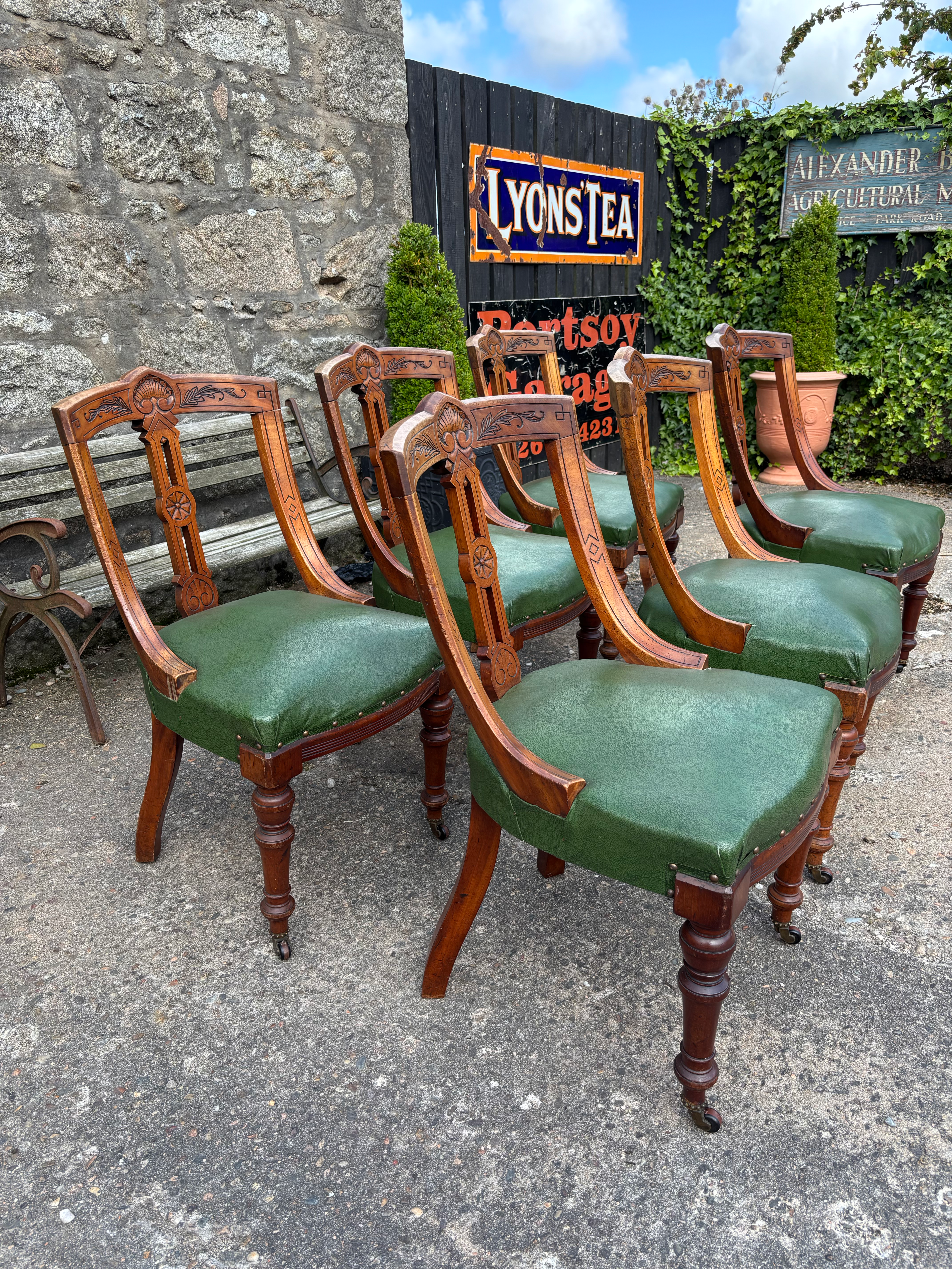 Set of Six Victorian Aesthetic-style oak library chairs,