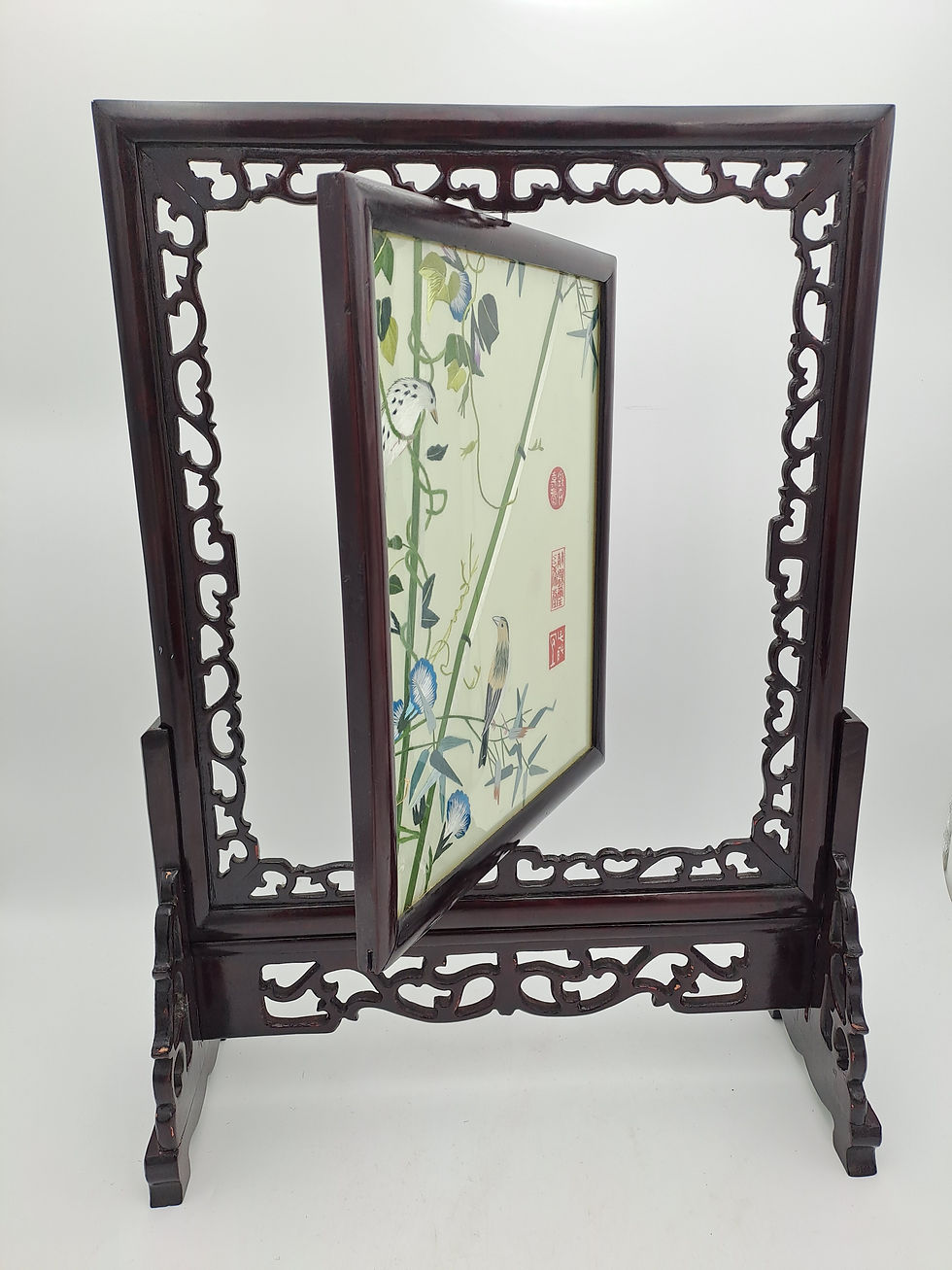 Thumbnail: Vintage Chinese Suzhou Double Sided Revolving Table Screen/ Small Fire Screen