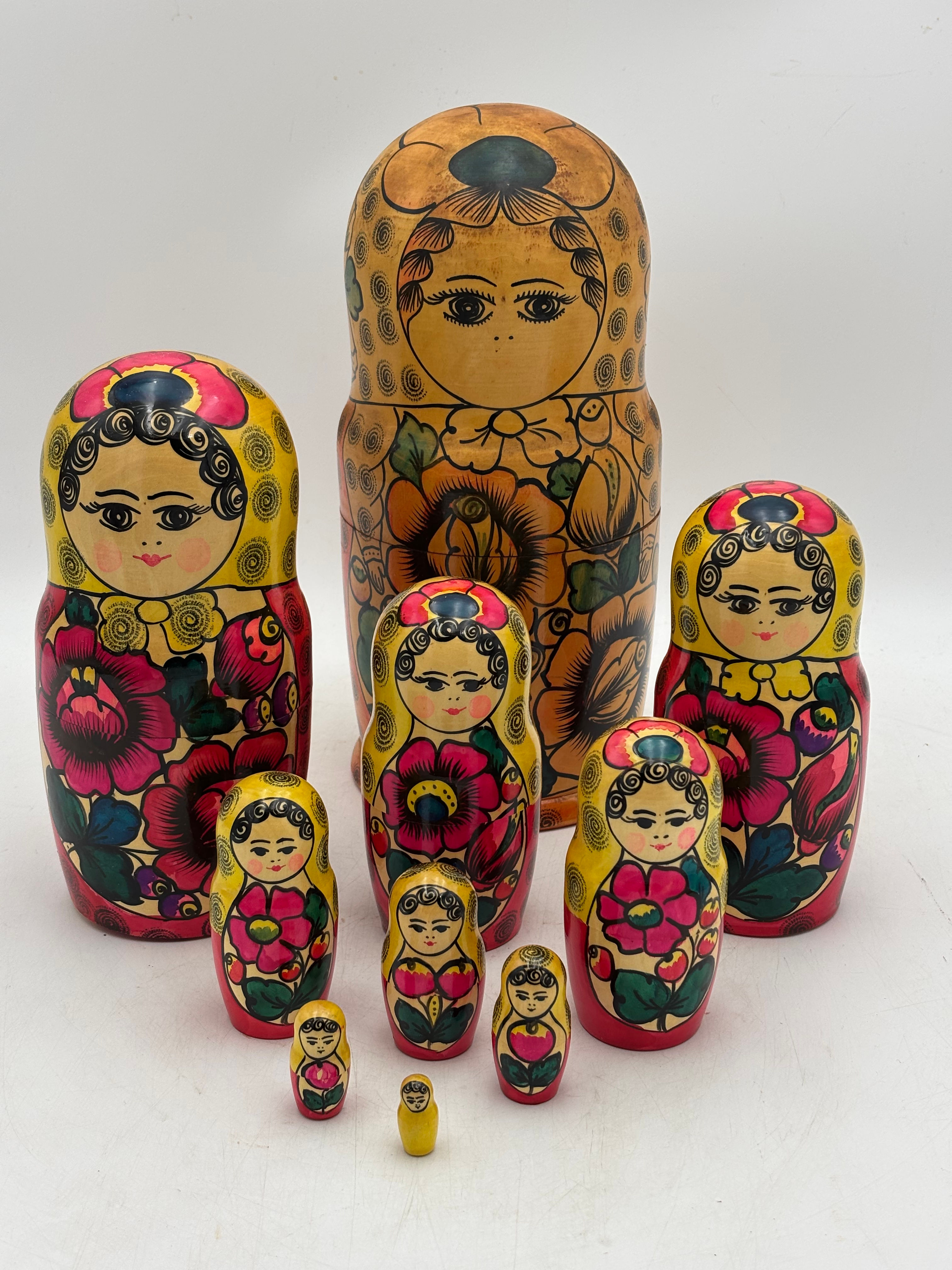 Large Set of Ten Vintage Hand Painted Matryoshka Russian Stacking Dolls