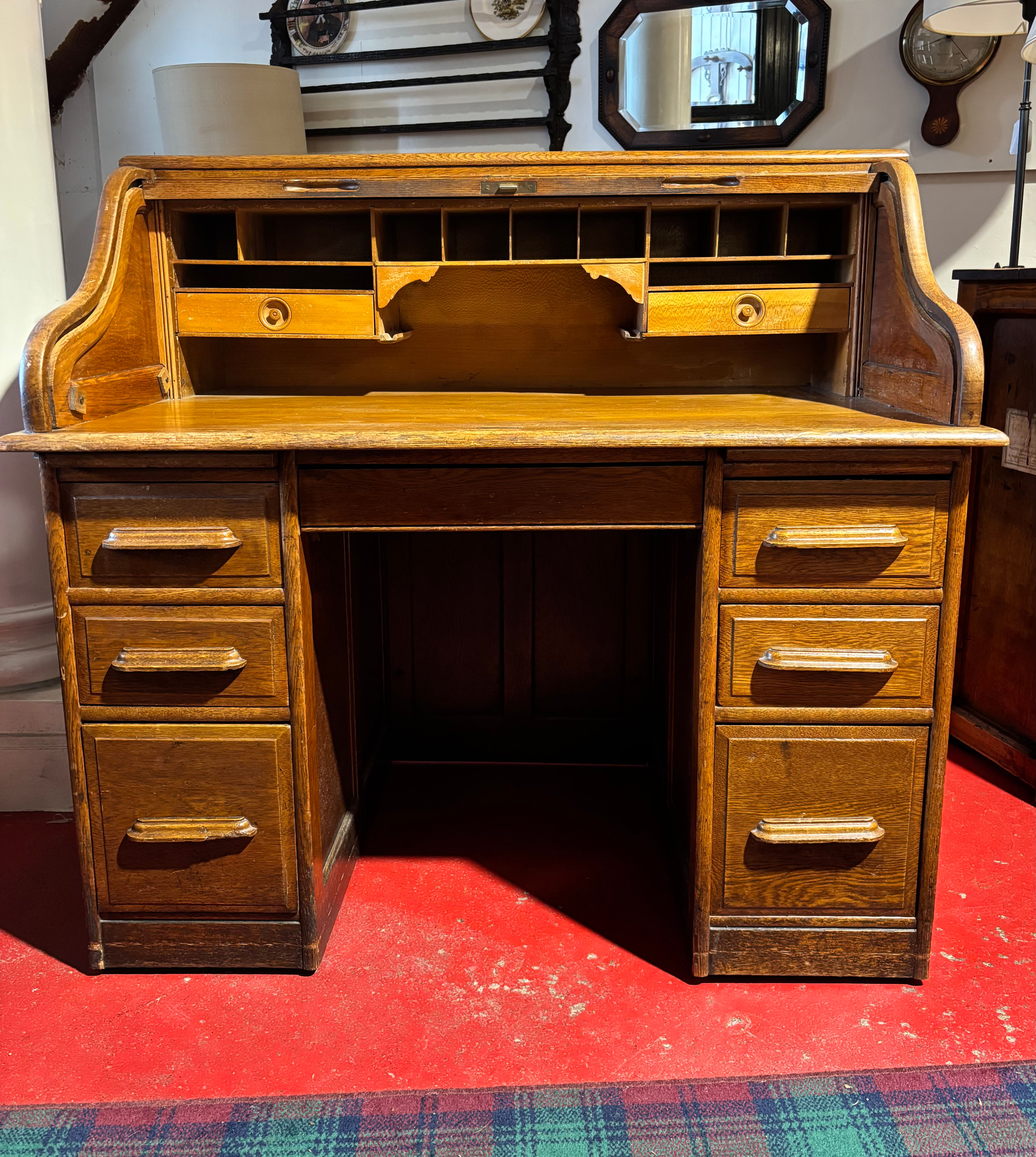 Edwardian Antique Roll-top Oak Bureau Twin Pedstal Desk with Tambour Shutter