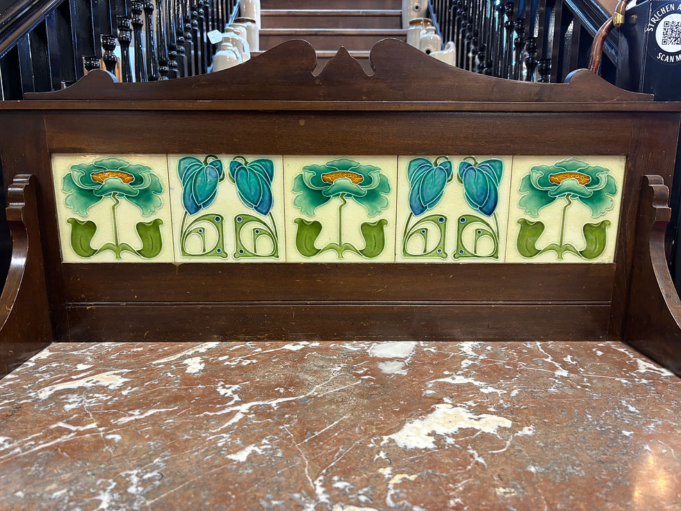 Thumbnail: Marble Top Washstand with Satin Birch Frame and Art Nouveau Splashback Tiles 