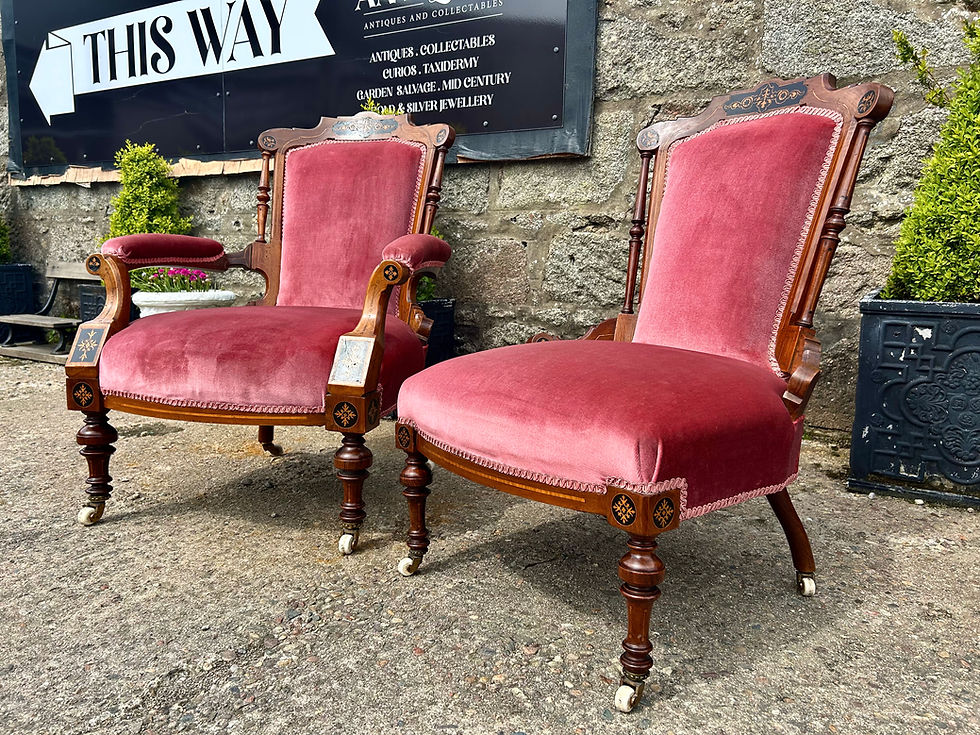 Thumbnail: Pair Late Georgian Mahogany Marquetry Detail His & Hers Library Chairs 