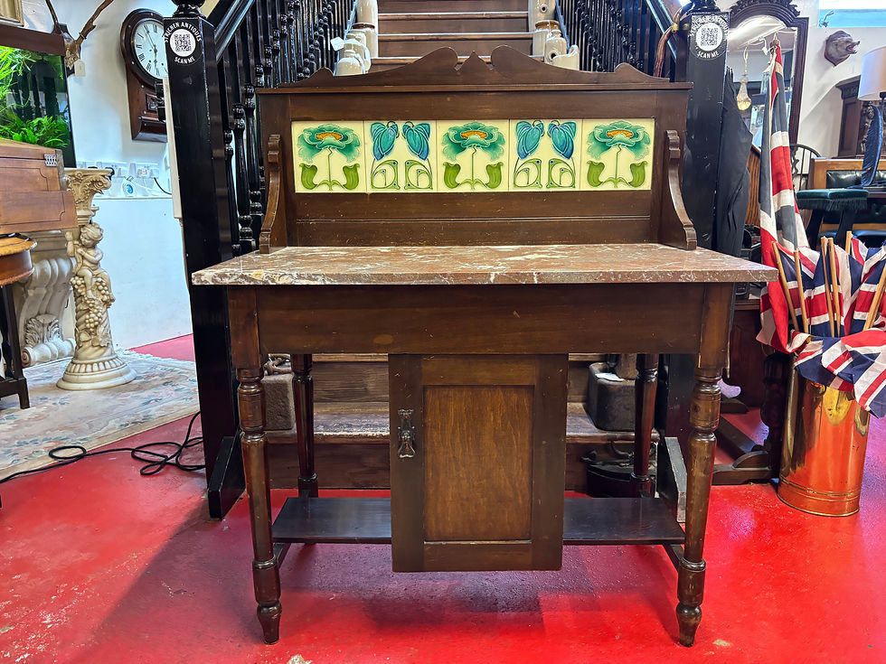 Thumbnail: Marble Top Washstand with Satin Birch Frame and Art Nouveau Splashback Tiles 