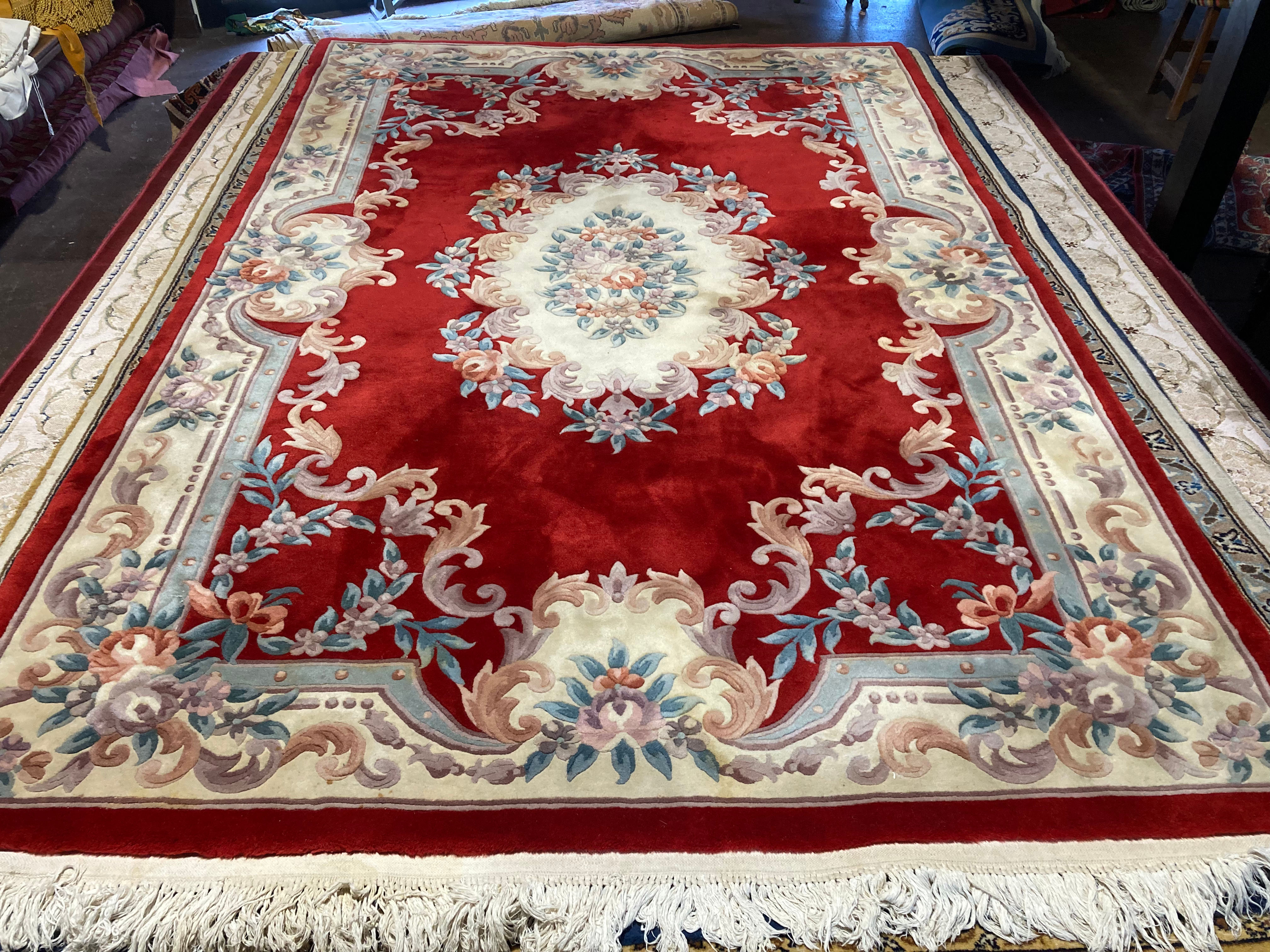 Heavy Chinese Pure Wool Rug Floral Red & Cream 