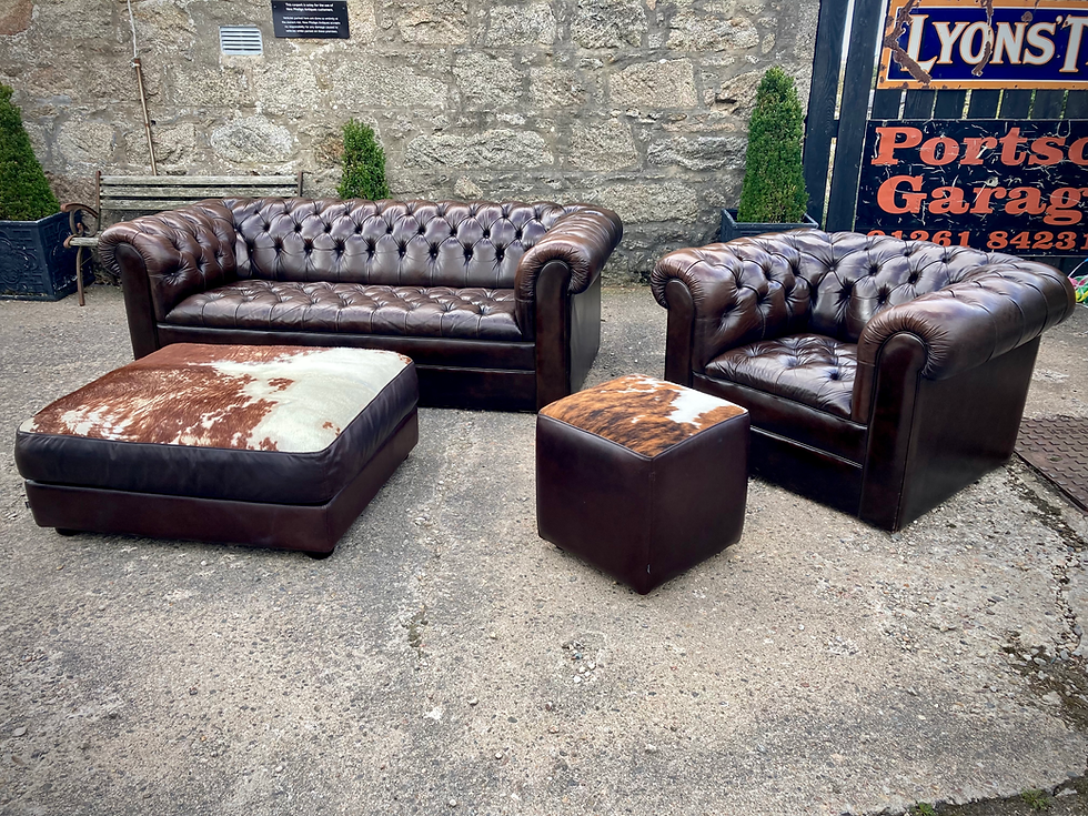 Thumbnail: Large Brown Leather & Cow Hide  Footstool on Bun Feet Chesterfield.
