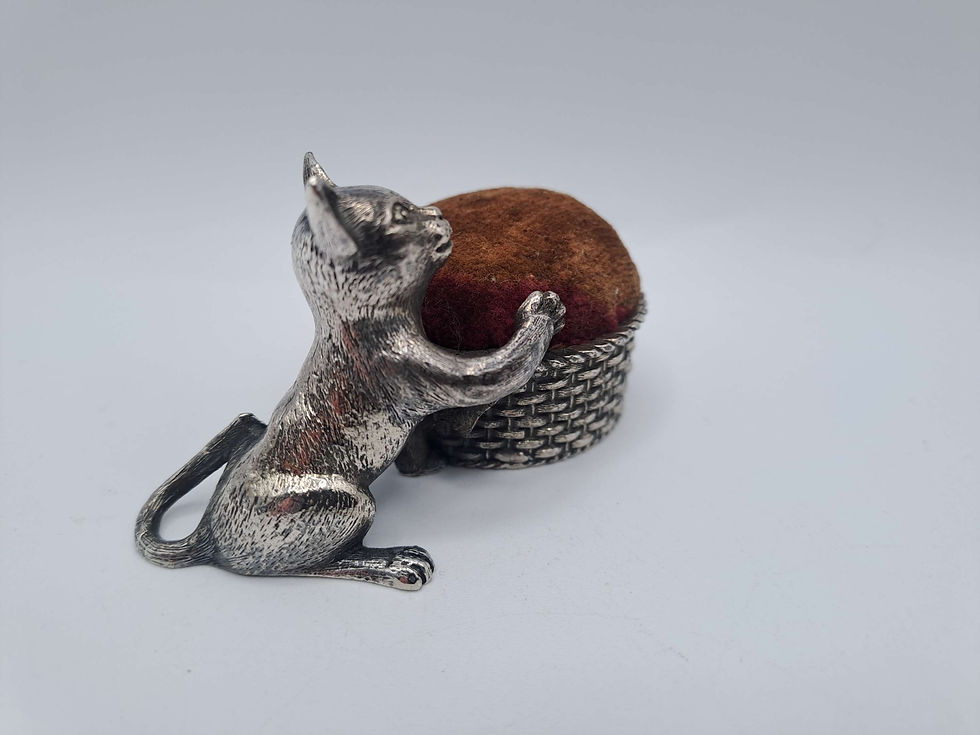 Thumbnail: Victorian Silver Plated Cat & Basket Pin Cushion