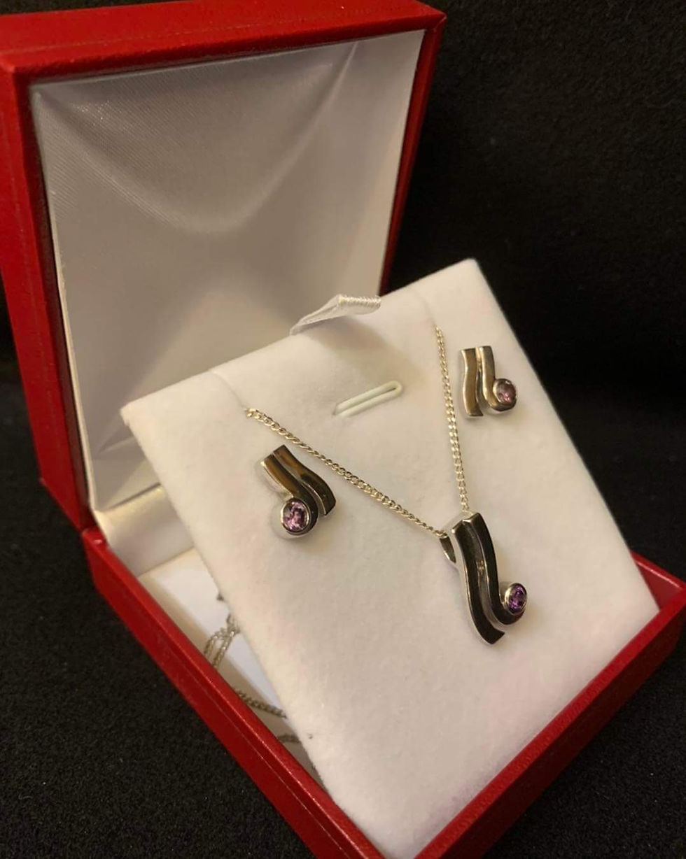 Thumbnail: 925 Silver Jewelry   & Amethyst Earring And Jewelry   Set