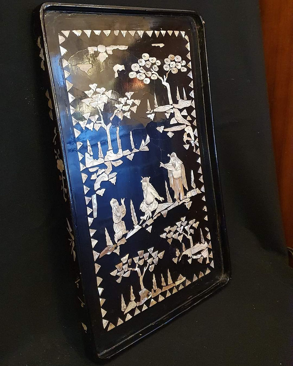 Thumbnail: Antique Chinese Warrior Mother of Pearl Inlaid Paper Machen Dinner Tray
