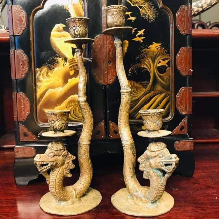 Thumbnail: Pair of Antique Brass Oriental Dragon Candlesticks