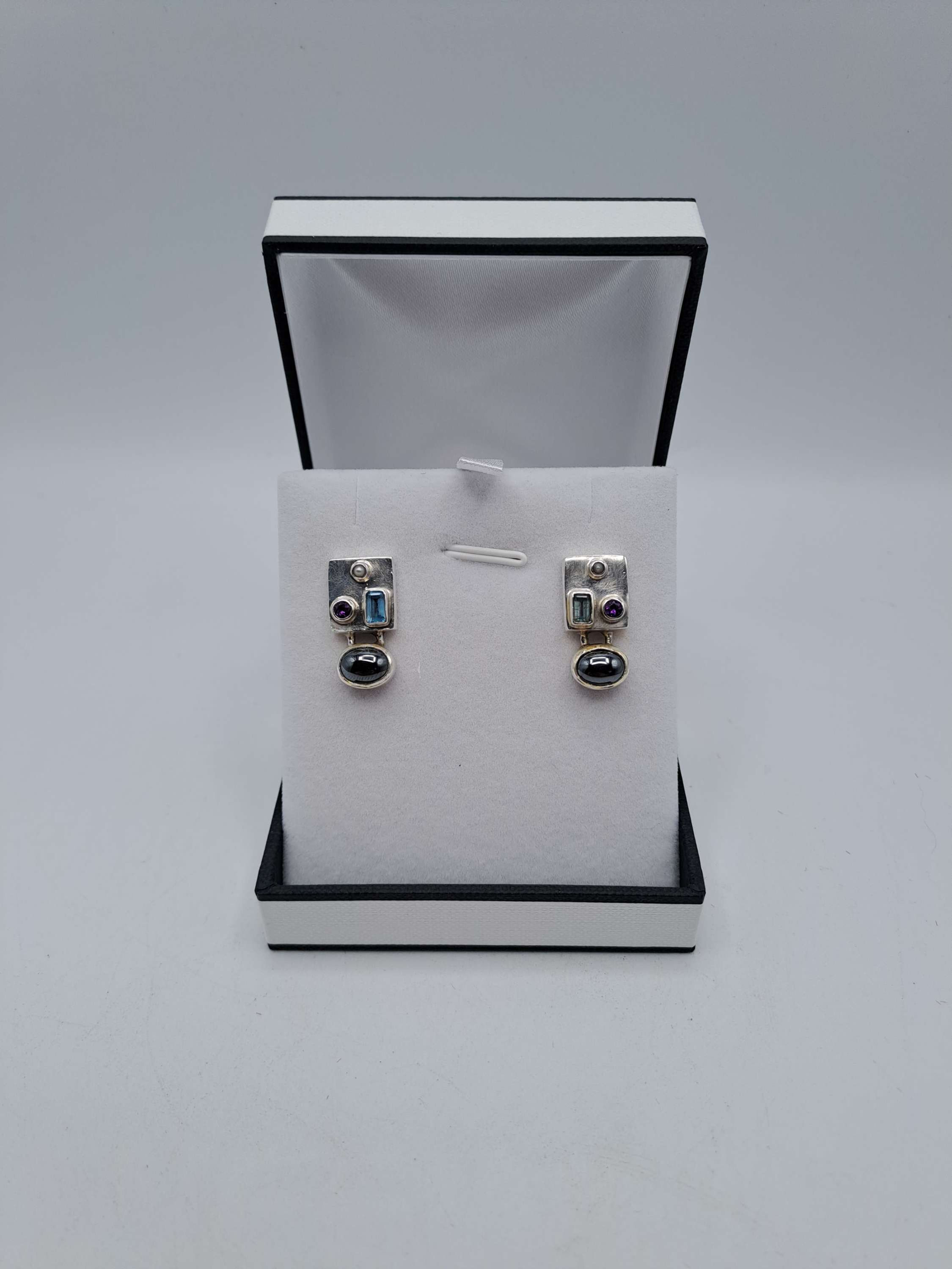 Pair of Paula Bolton 925 Silver Abstract Mixed Stone Stud Earrings