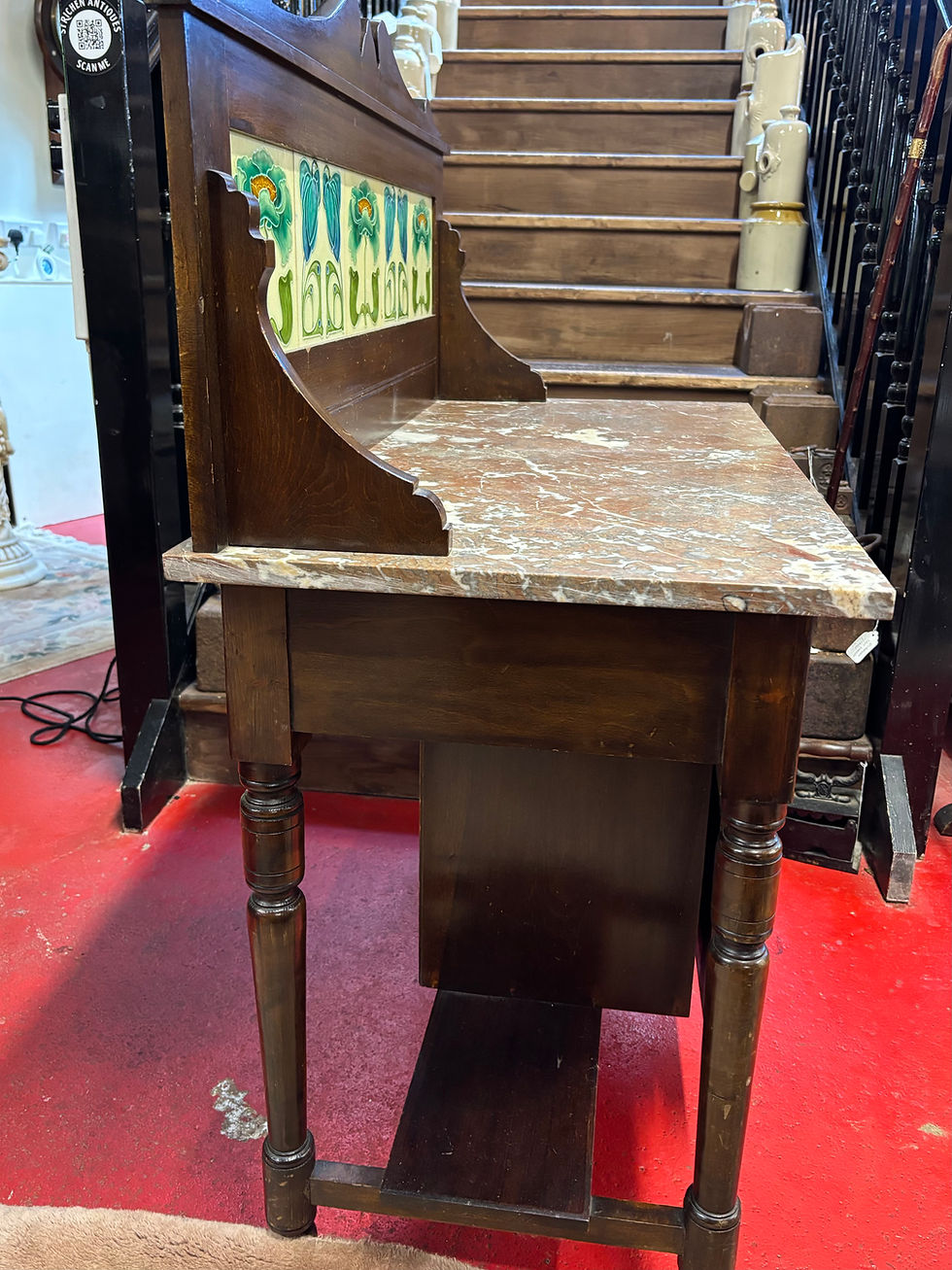 Thumbnail: Marble Top Washstand with Satin Birch Frame and Art Nouveau Splashback Tiles 