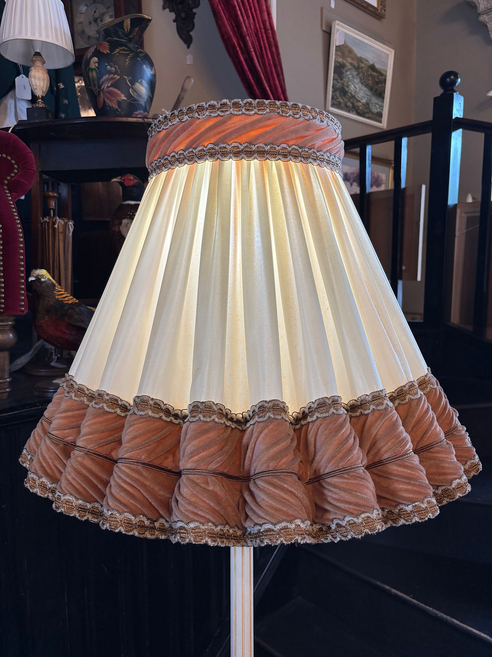 Thumbnail: Vintage Ivory painted floor lamp with a large pleated cream shade tiered peach v