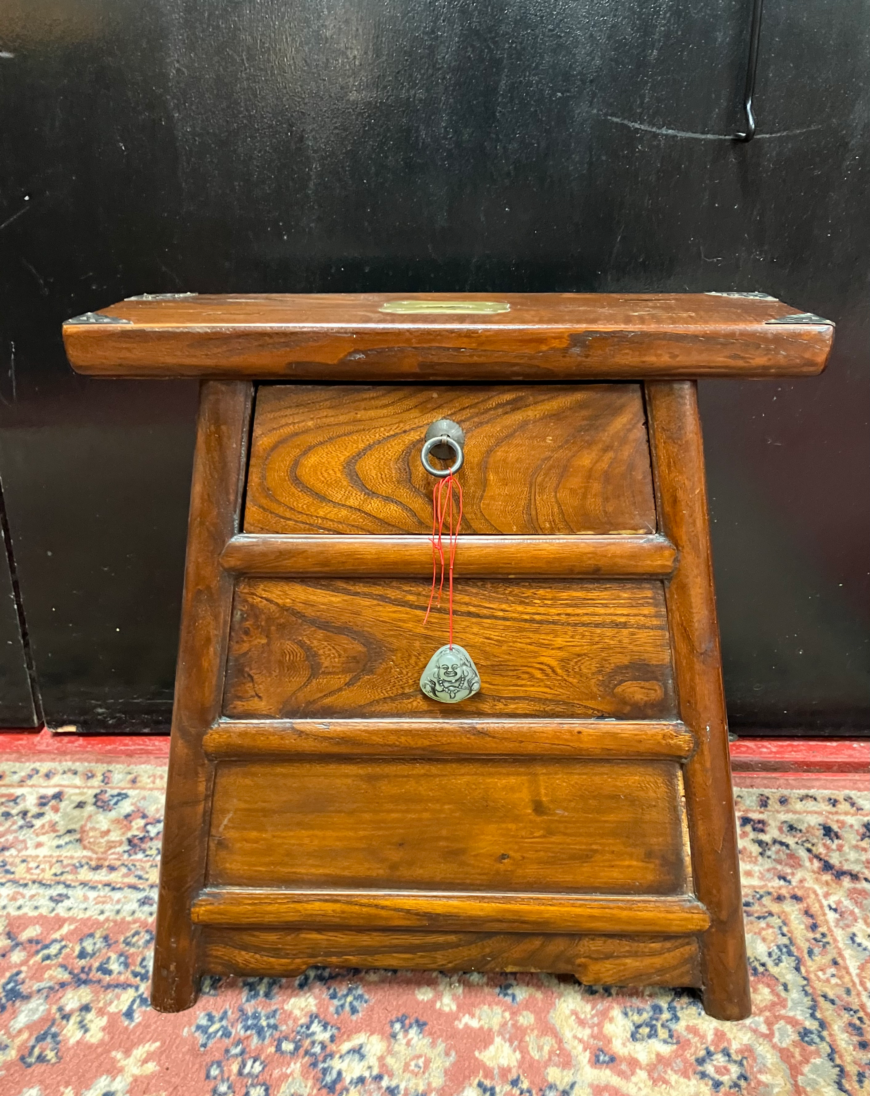 Small Vintage Chinese Wooden Barbers Stool with Small Buddha Charm 