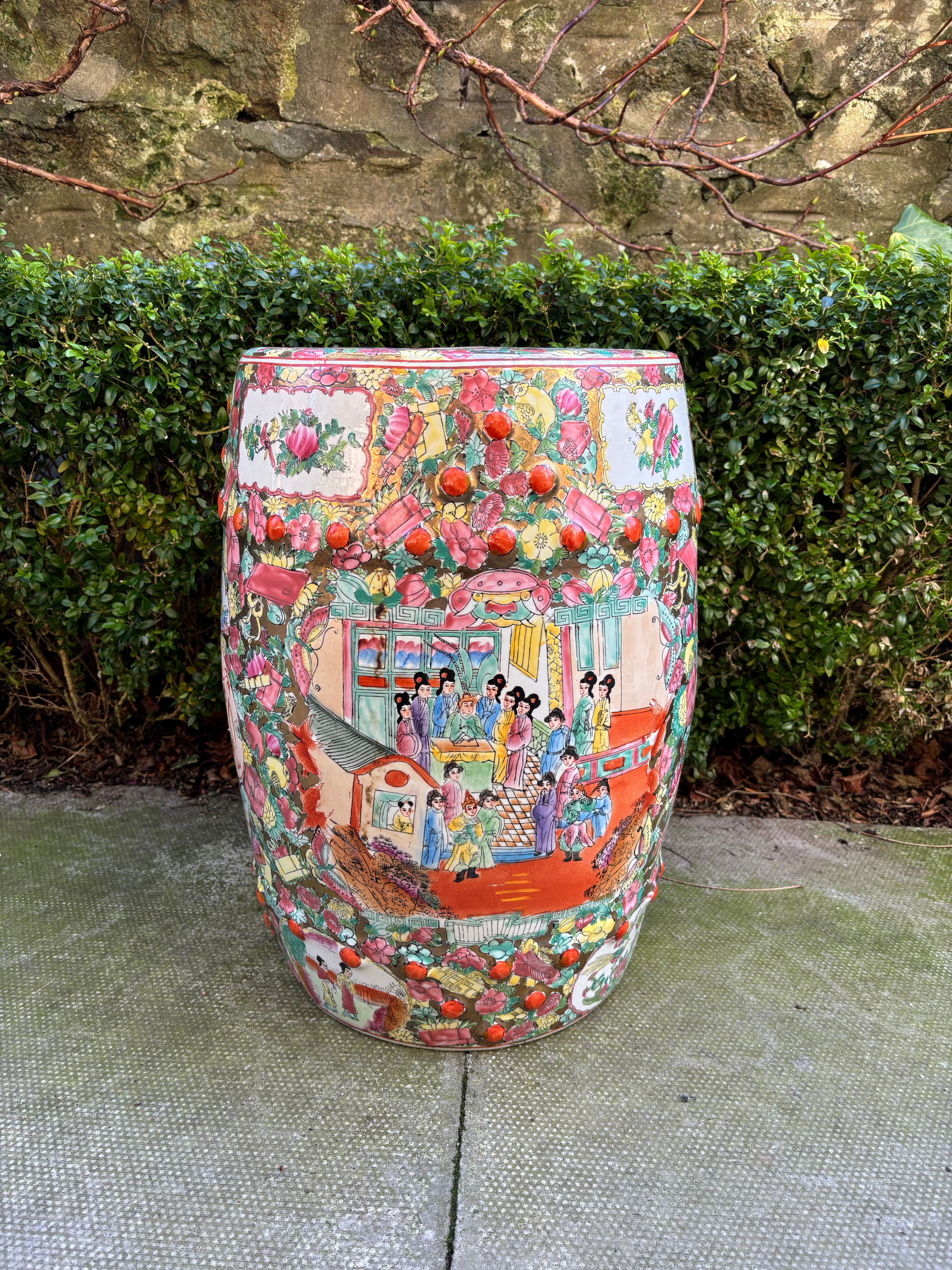 Antique Chinese 19thC. Qing Dynasty Porcelain Famille Rose Medallion Garden Stoo