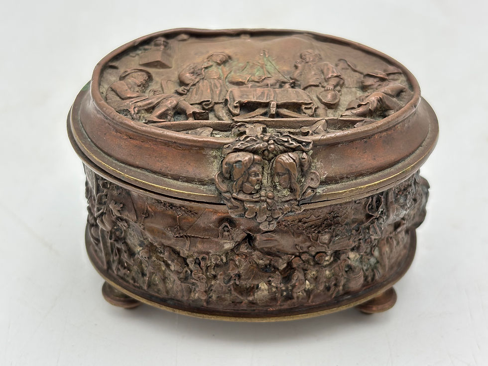 Thumbnail: Small ornate bronze or copper jewelry casket dating from the 19th century.