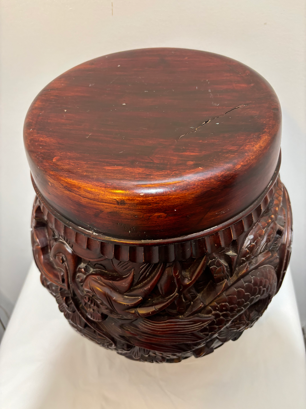 Thumbnail: Vintage Hand Carved Chinese Export Rosewood Dragon Stool with  Lid . 