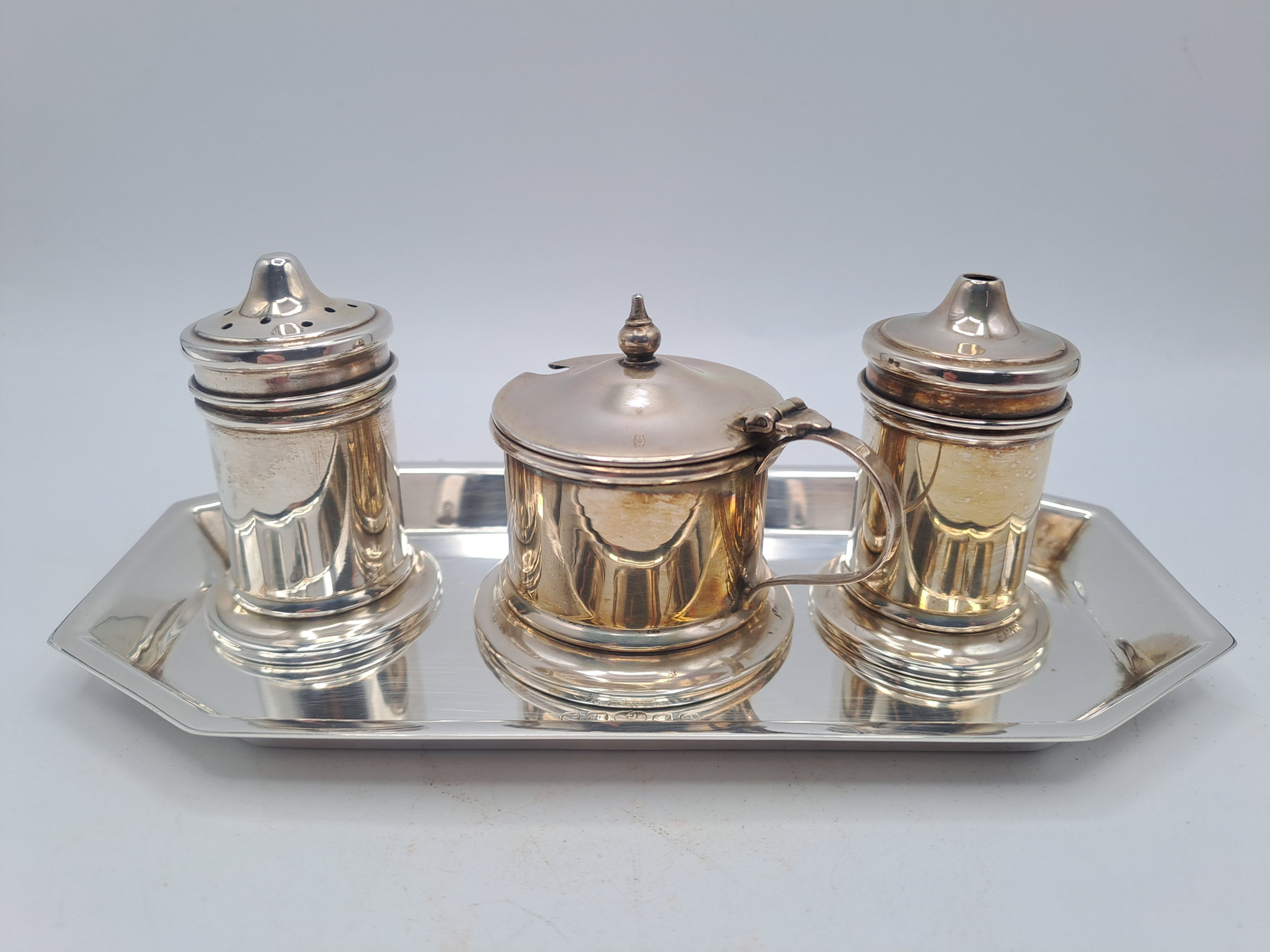 Davis & Sons Glasgow 3 Piece Silver Plated Condiment Set with Blue Glass Liners