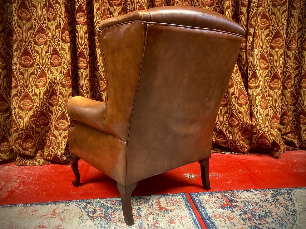 Thumbnail: QueenAnne Wingback Brown Leather Chair Small Mark on Seat Cushion Chesterfield 