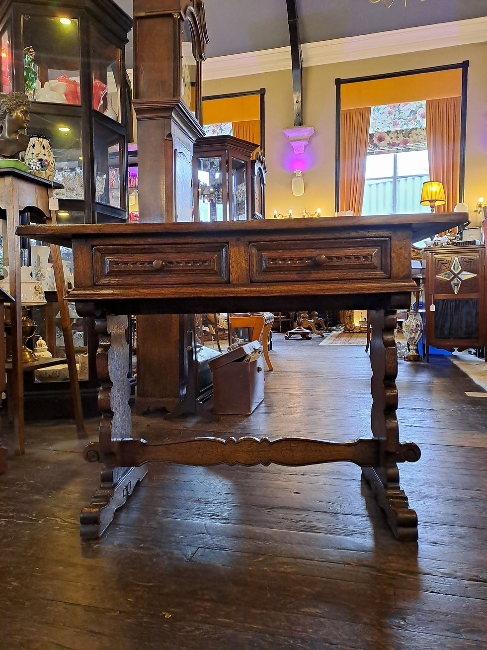 Thumbnail: Jacobean Style Solid Oak Carved Consol Table With Drawers on Detailed Legs 