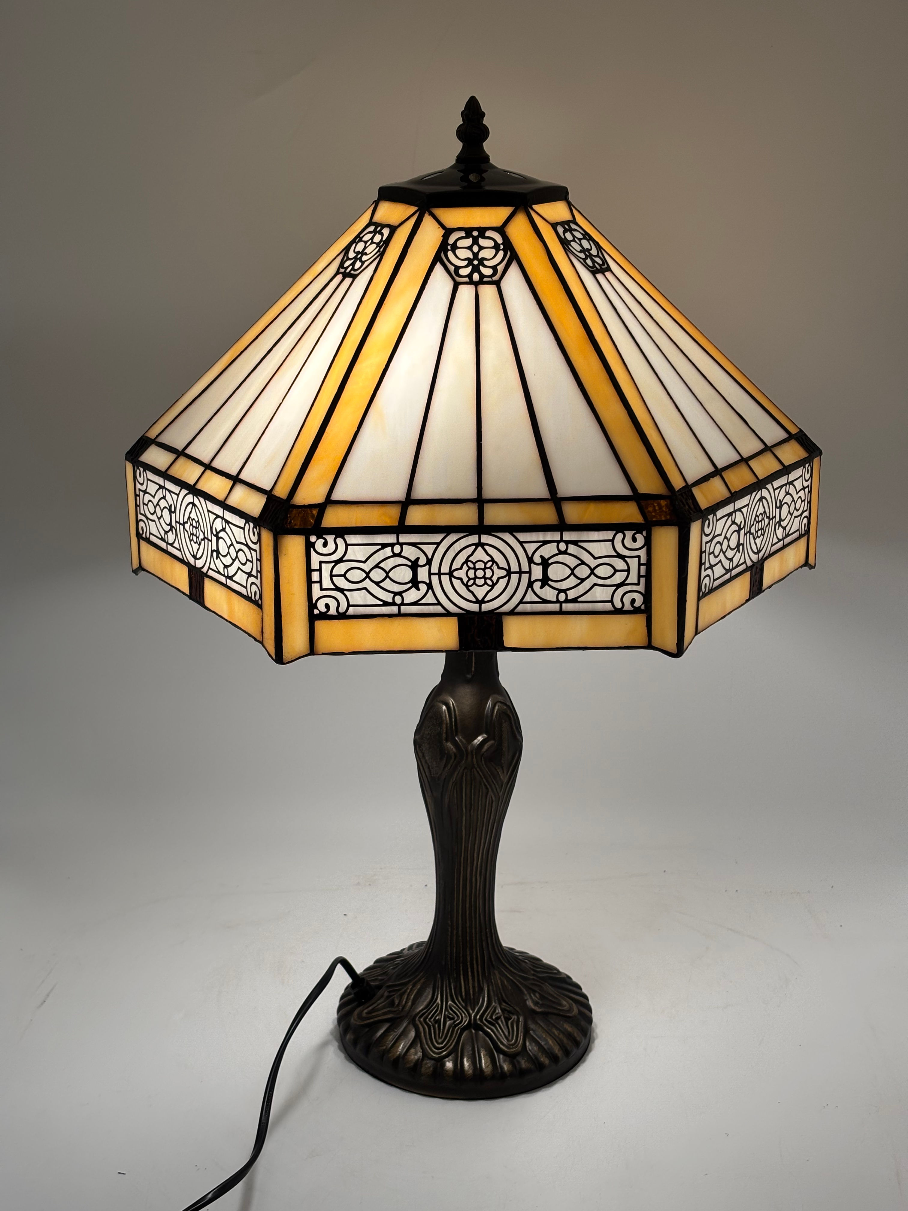 Large Tiffany Style Geometric Design Table Lamp on Tall Base With Twin Bulbs