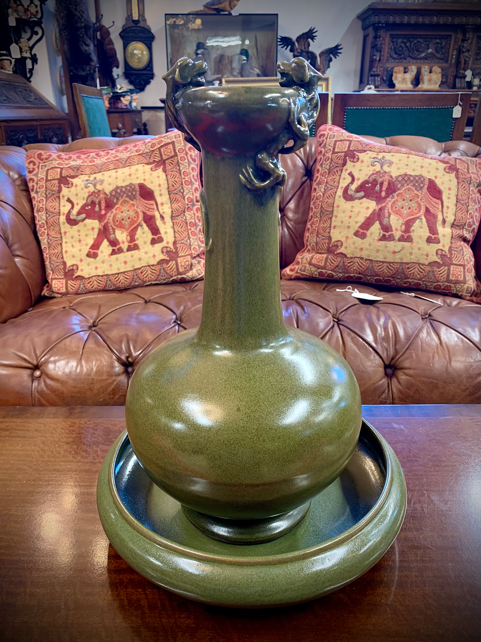 Thumbnail: Large antique Chinese Chilong tea dust glazed vase and bowl.