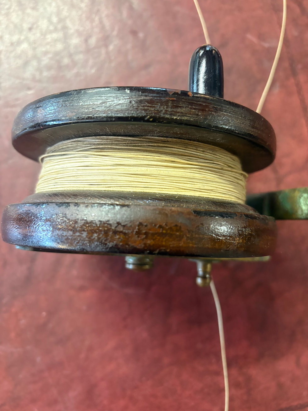 Thumbnail: Large Antique Victorian Mahogany Fishing Reel with Intact Fishing Line