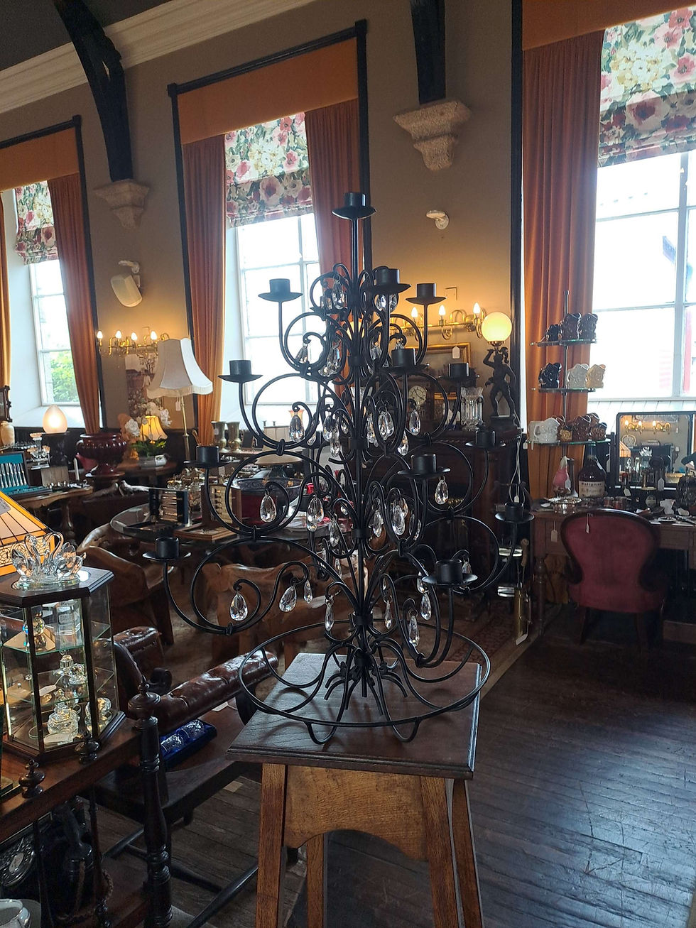 Thumbnail: 17 Candle Black Wrought Iron Tiered Table Candlebra with Plastic Drops
