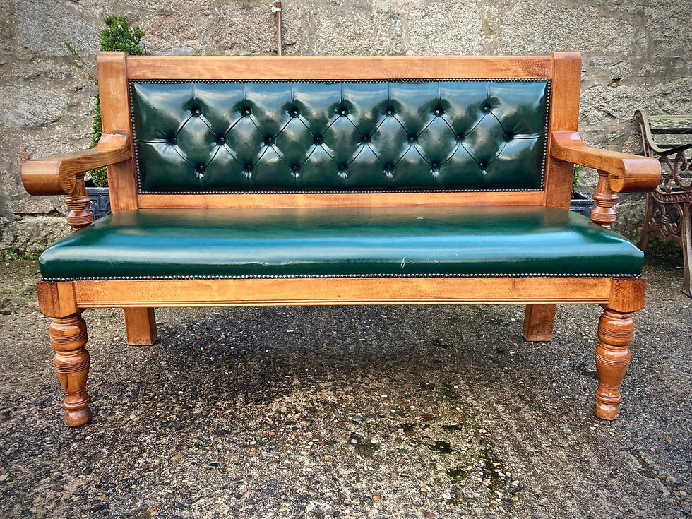 Thumbnail: Solid Oak Bench Green Leather Buttoned Back and Seat Pad (faux leather) Pub Sett